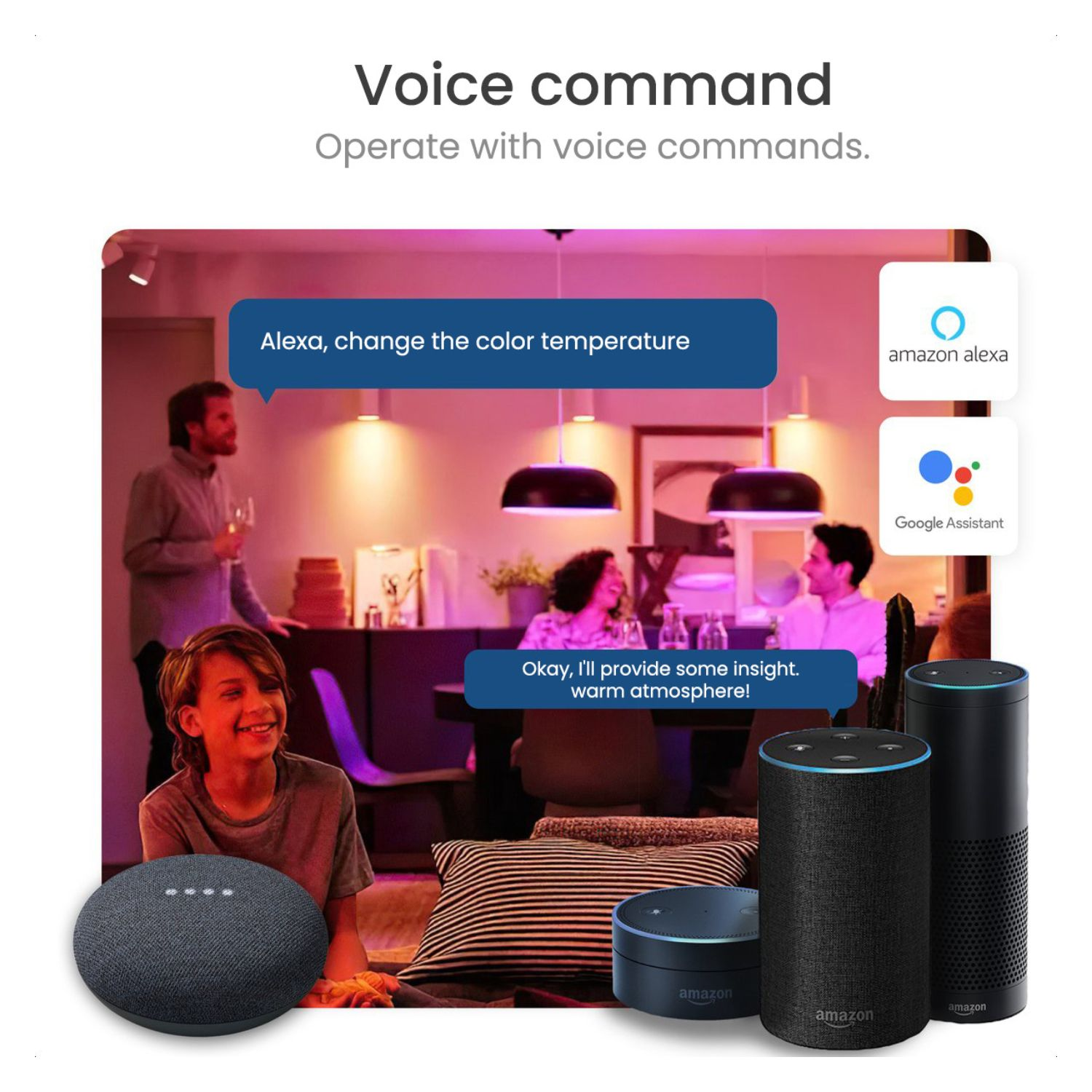 Smart home setup with Alexa, Google Assistant and Amazon Echo devices, voice commands.
