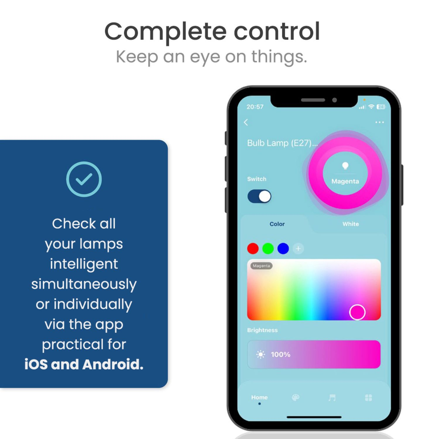 Smartphone screen showing app with color and brightness controls for a light bulb. Checkmark icon.
