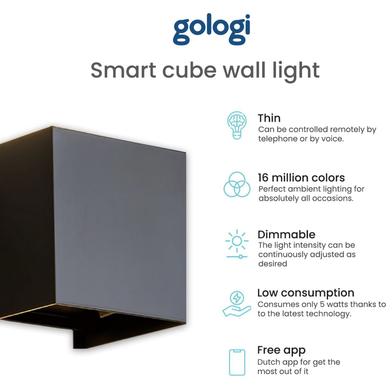 Black cube-shaped wall light with text describing its features like dimmable and 16 million colors.