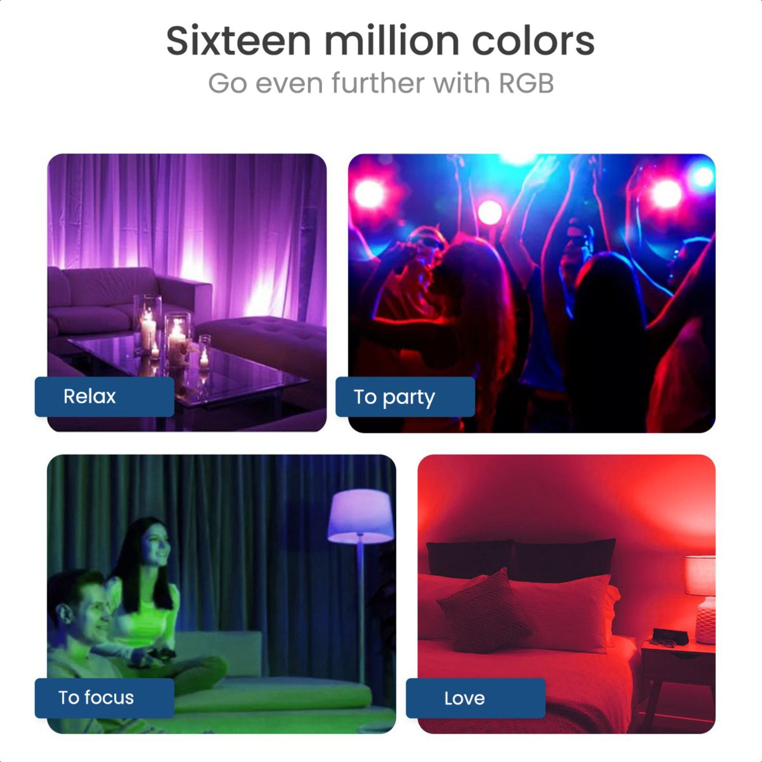 Image with four different colored light scenes with text labels: Relax, To party, To focus, Love.