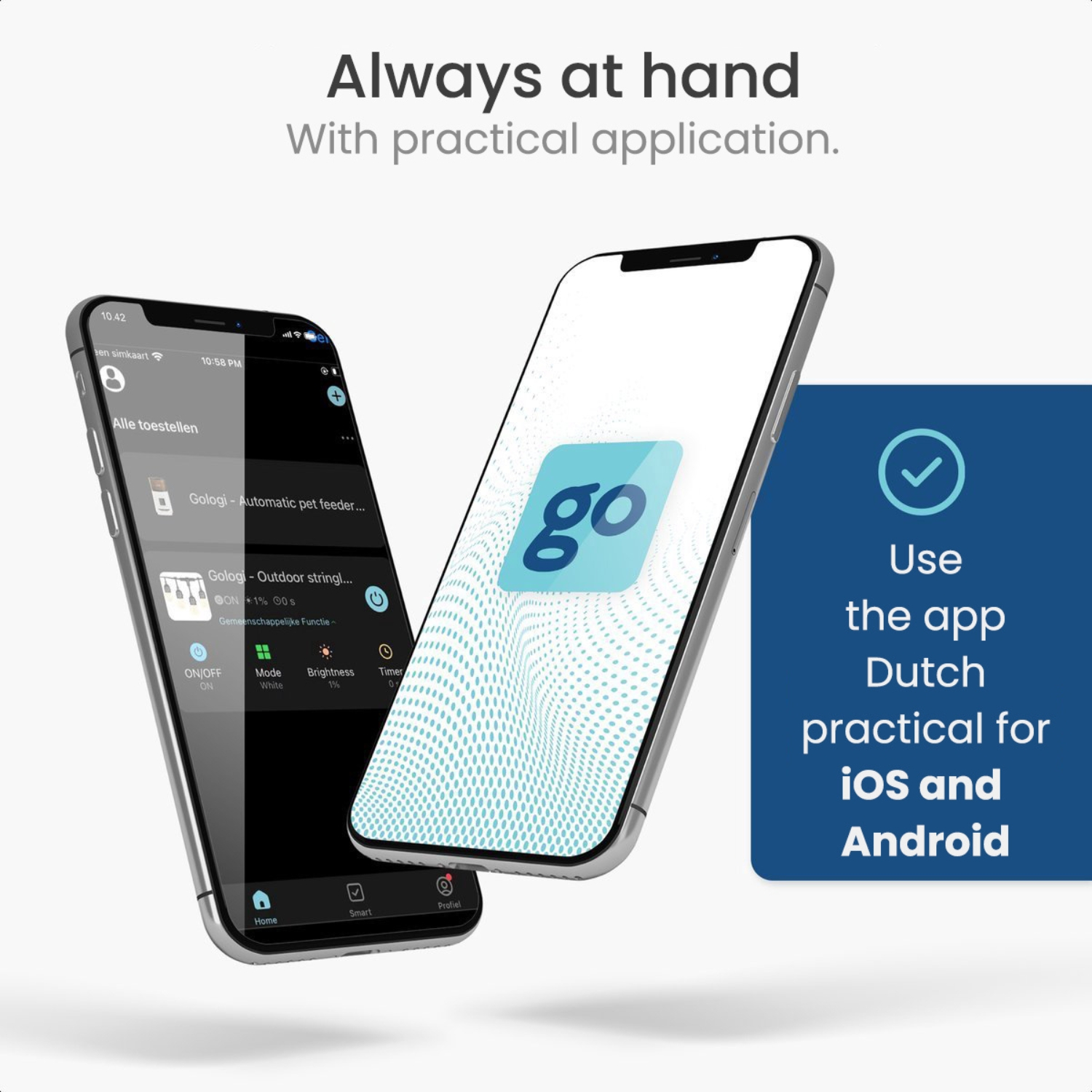 Zwei Smartphones mit Apps auf dem Bildschirm und ein blaues Quadrat. Text und weißer Hintergrund.