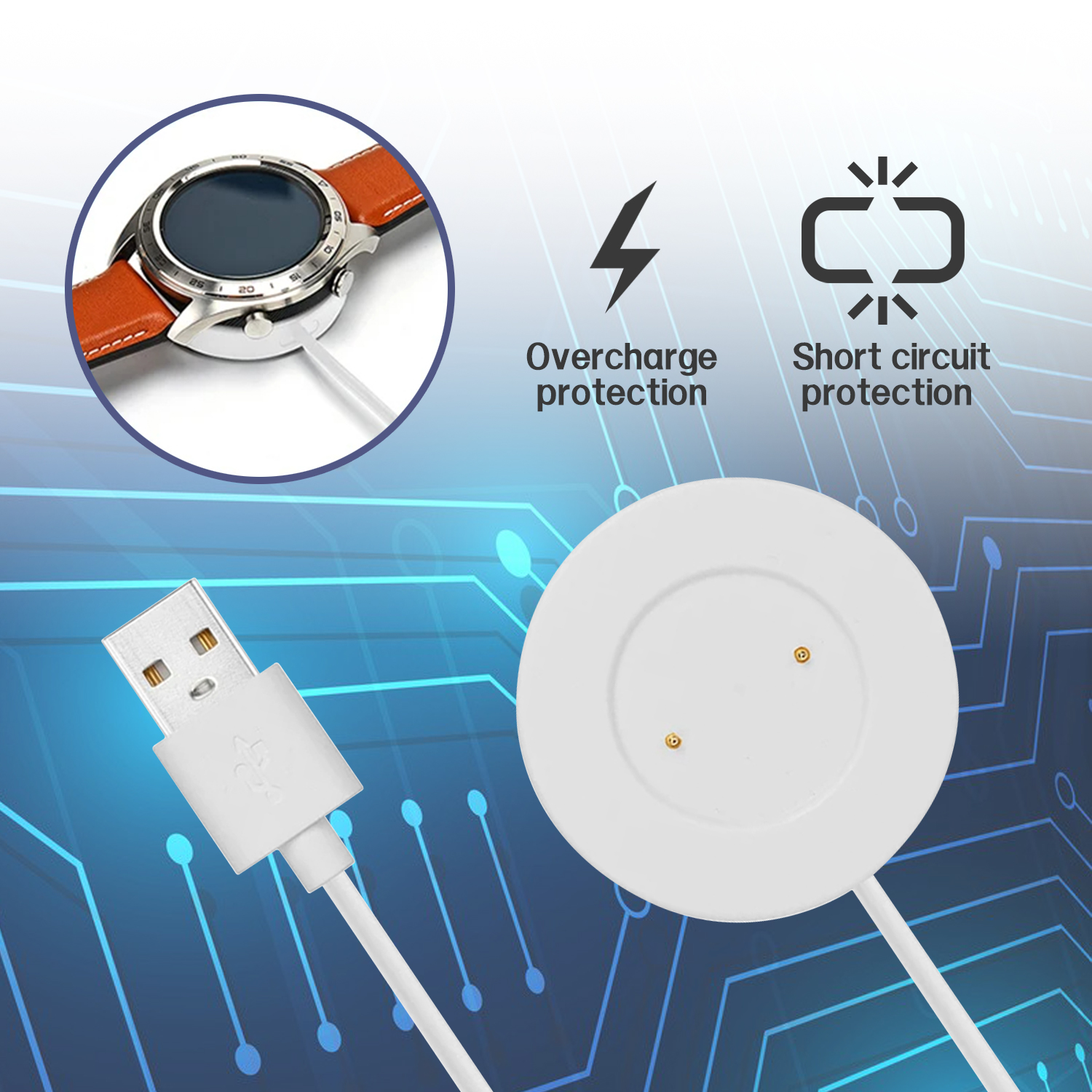 Smartwatch na ładowarce. Oznaczone zabezpieczenie przed przeładowaniem i zwarciem.