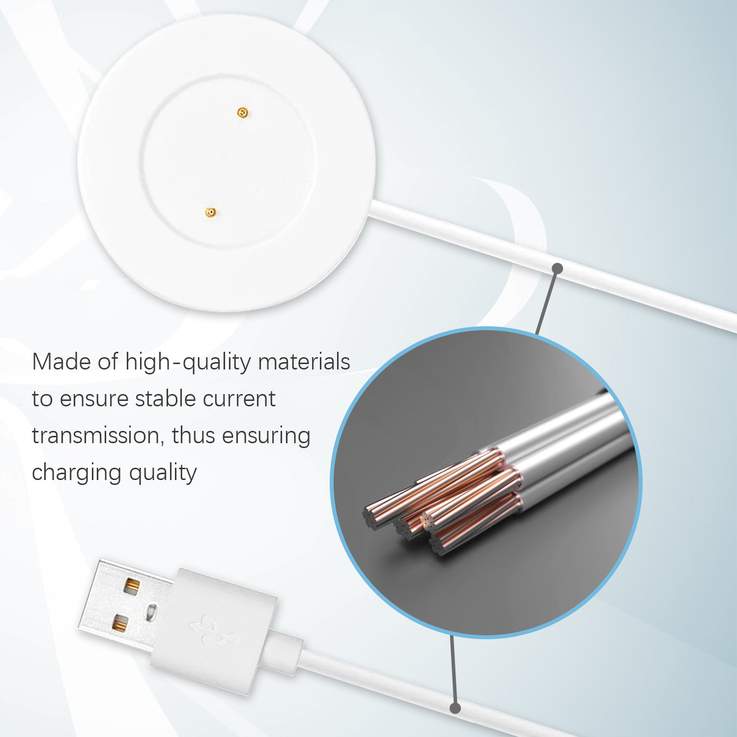 Biała ładowarka bezprzewodowa z kablem USB. Powiększony widok pokazuje miedziane przewody.