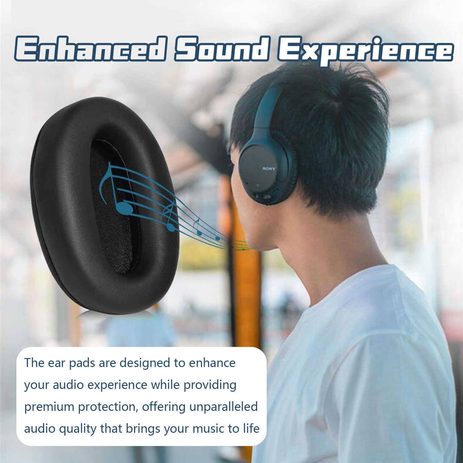 Osoba w czarnych słuchawkach. Widoczne nauszniki i tekst o poprawie jakości dźwięku.