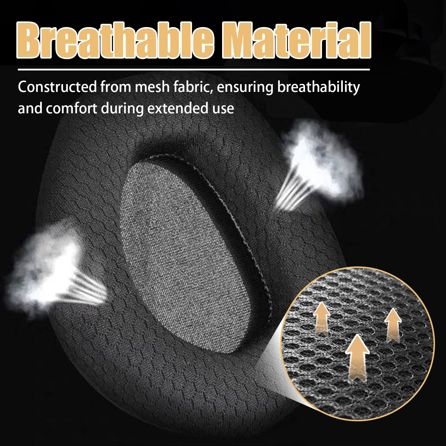 Zbliżenie czarnego zestawu słuchawkowego z siateczkową tkaniną, ilustrujące oddychalność, z parą.