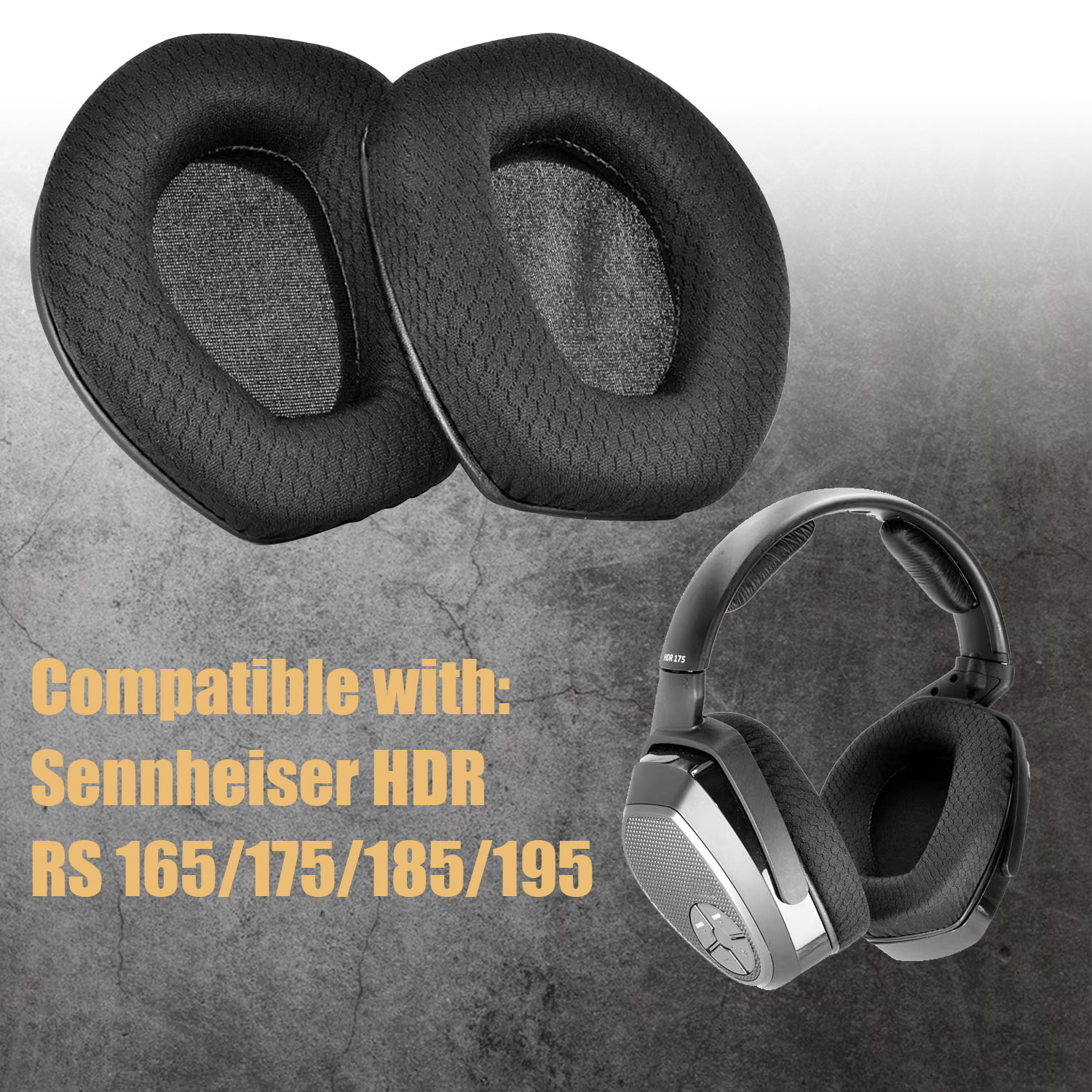 Dwie czarne poduszki do słuchawek obok pary słuchawek. Tekst: Kompatybilne z: Sennheiser HDR RS.