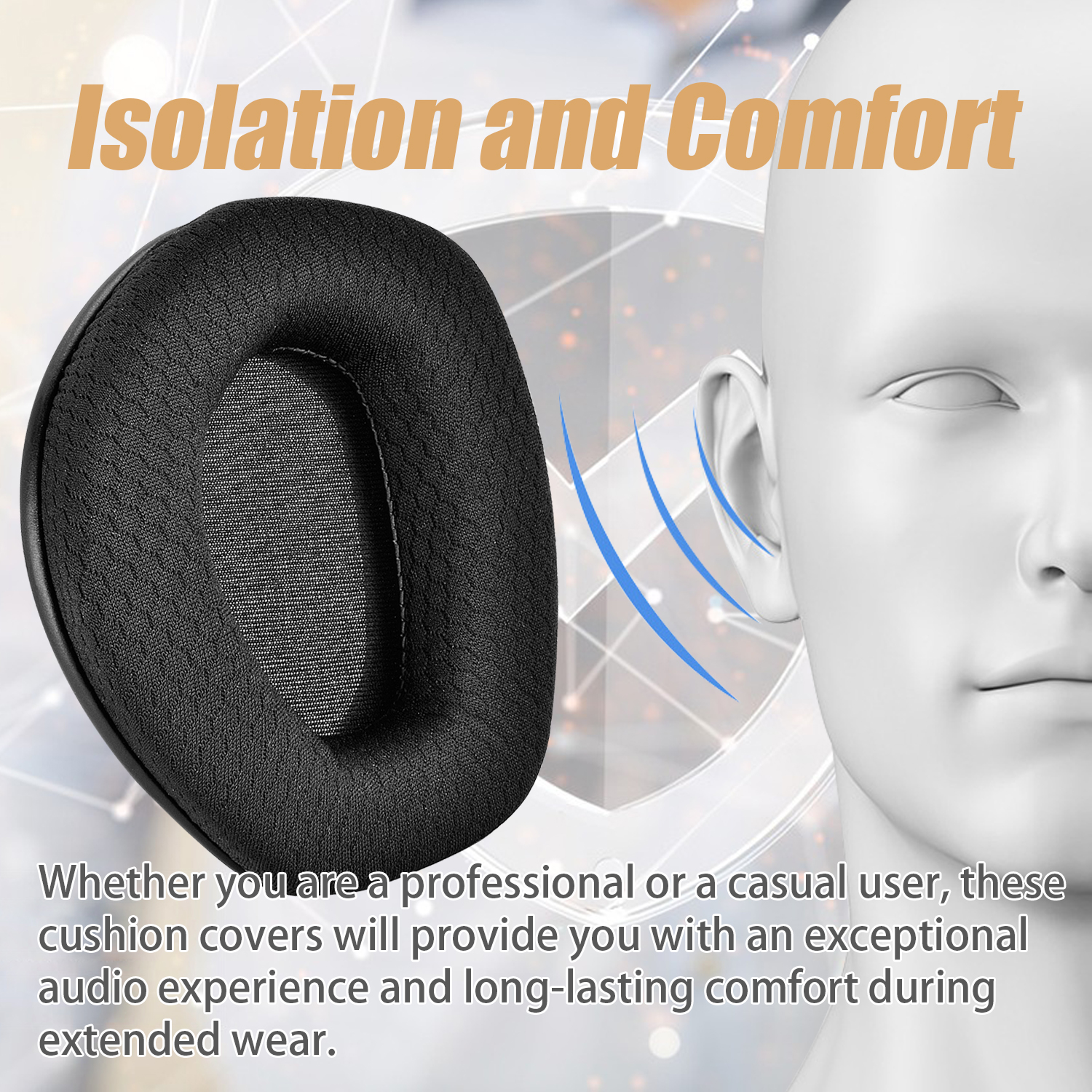 Czarna poduszka na uszy i biała sylwetka głowy, tekst: Izolacja i komfort.