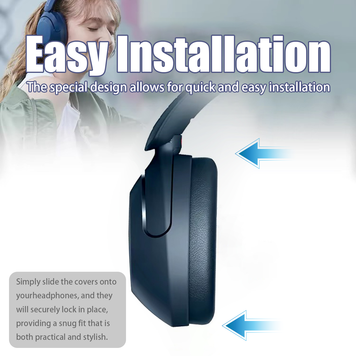 Słuchawki w pudełku ze strzałkami, pokazujące łatwą instalację. Kobieta jest w tle.
