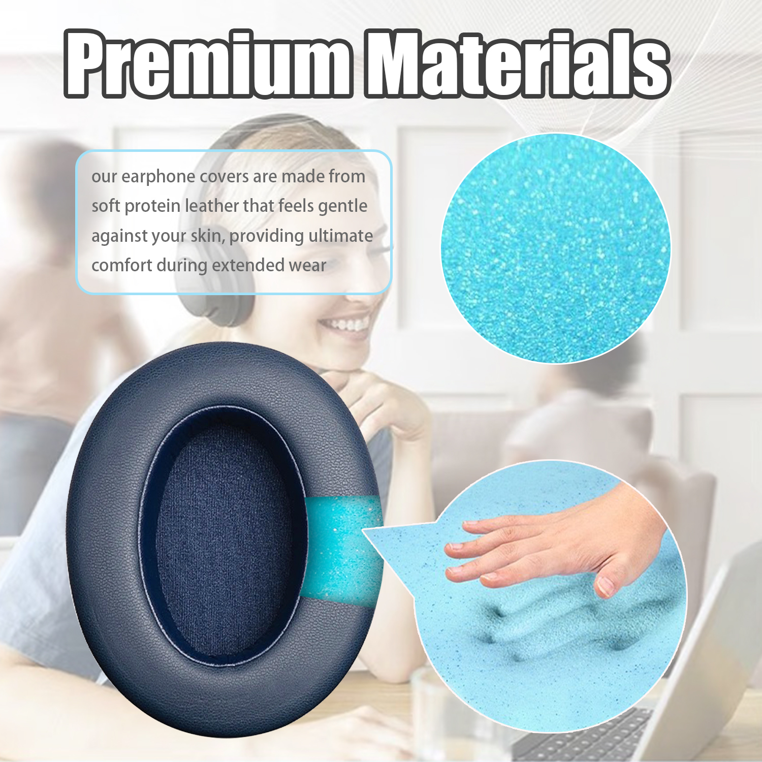 Osłony słuchawek po lewej i niebieska pianka po prawej. Tekst mówi o materiałach premium.