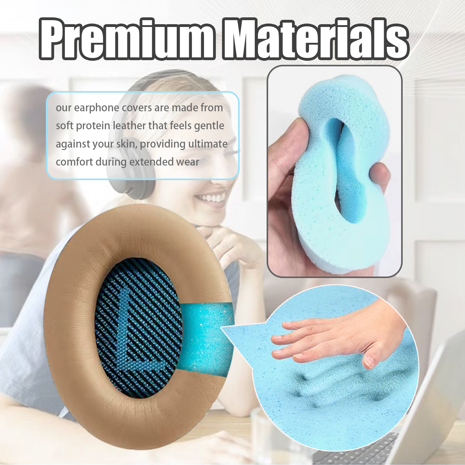 Osłony słuchawek i niebieski kawałek pianki. Tekst dotyczy miękkiej skóry i komfortu.
