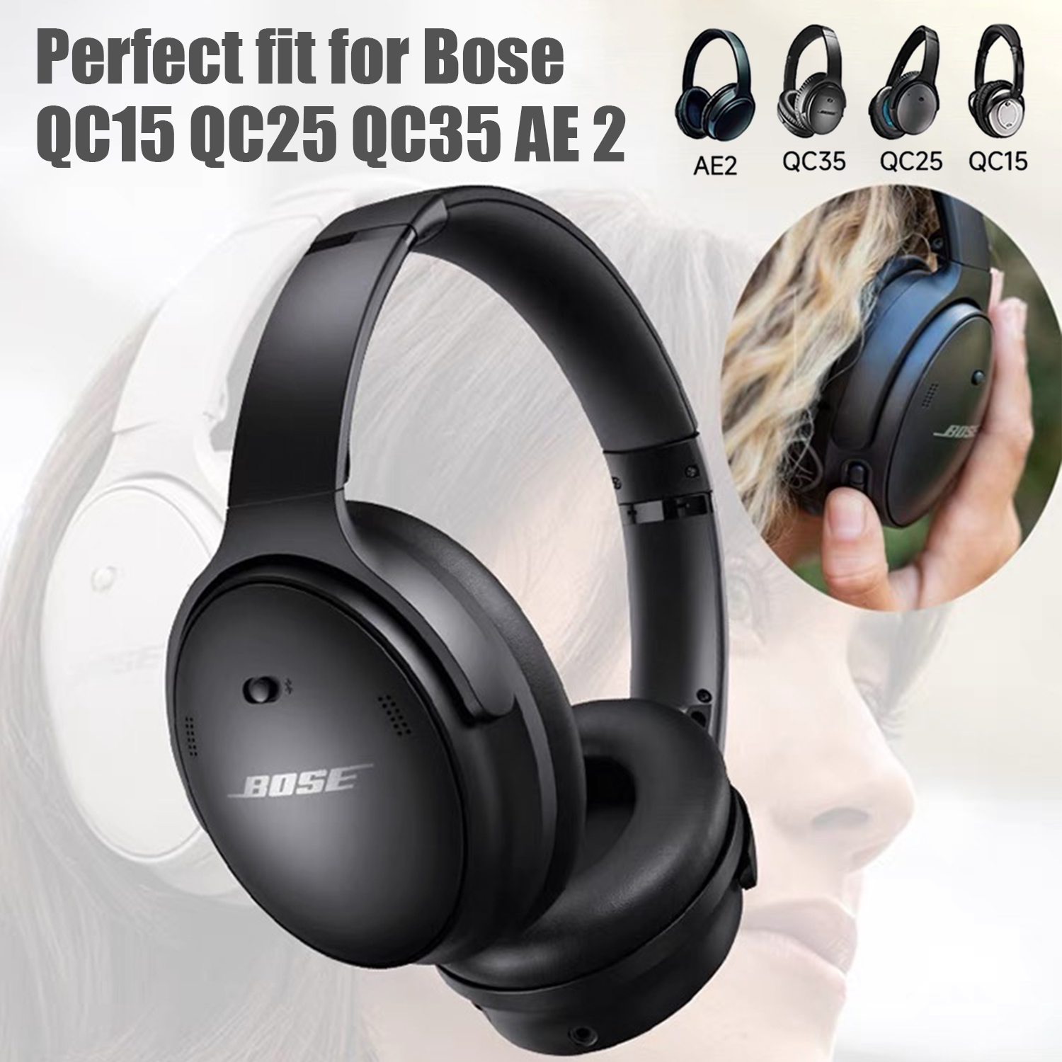Czarne słuchawki Bose z tekstem 'Perfect fit for Bose QC15 QC25 QC35 AE 2' i innymi modelami słuchawek.