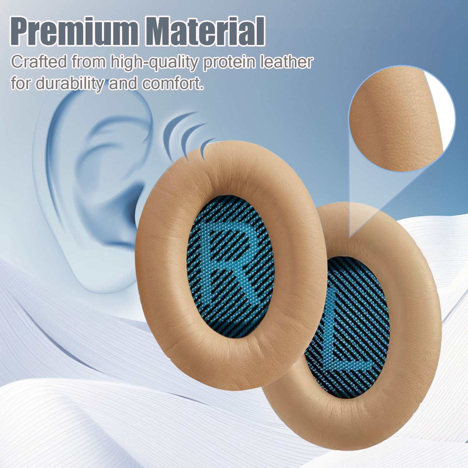 Beżowe nauszniki słuchawek z niebieskimi siateczkowymi wnętrzami i