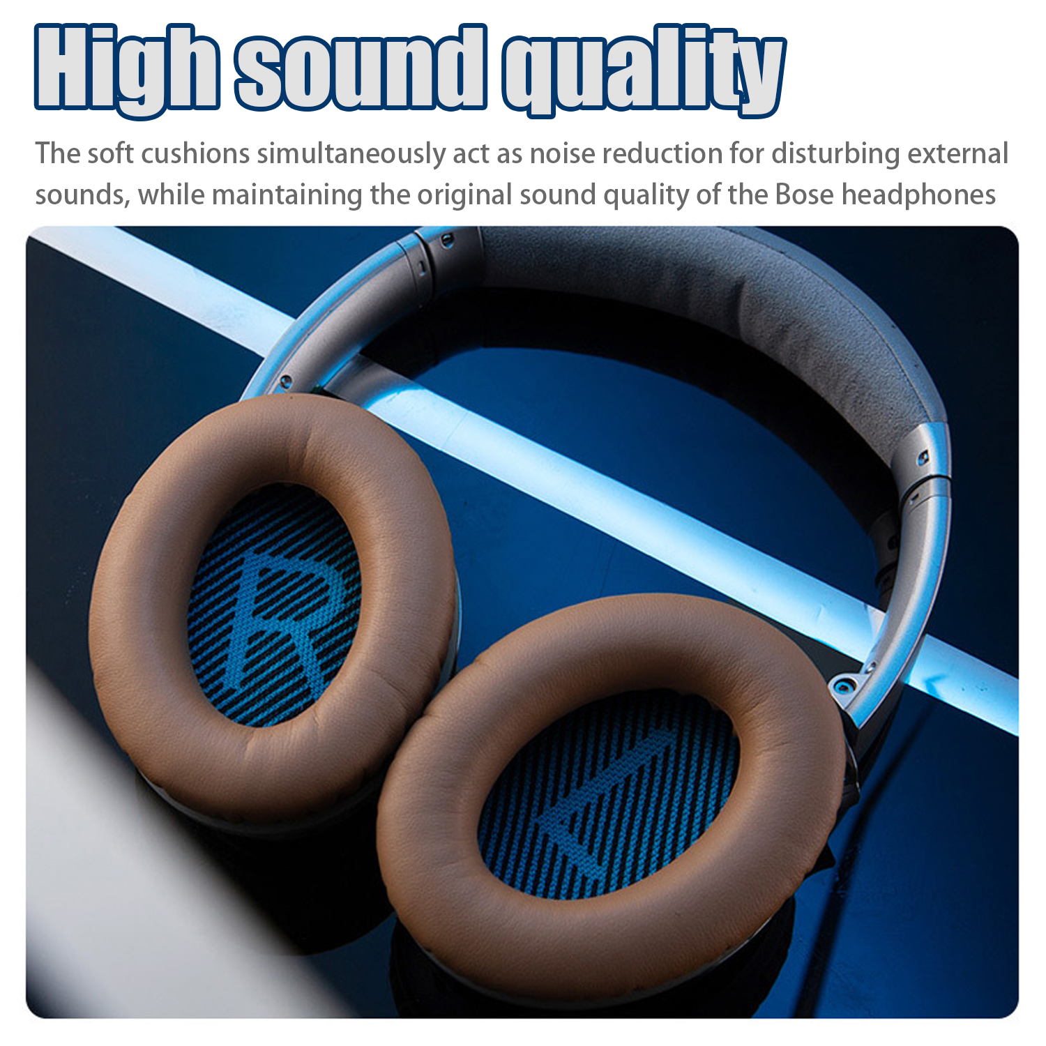 Słuchawki Bose z brązowymi nausznikami i literą 'R'.