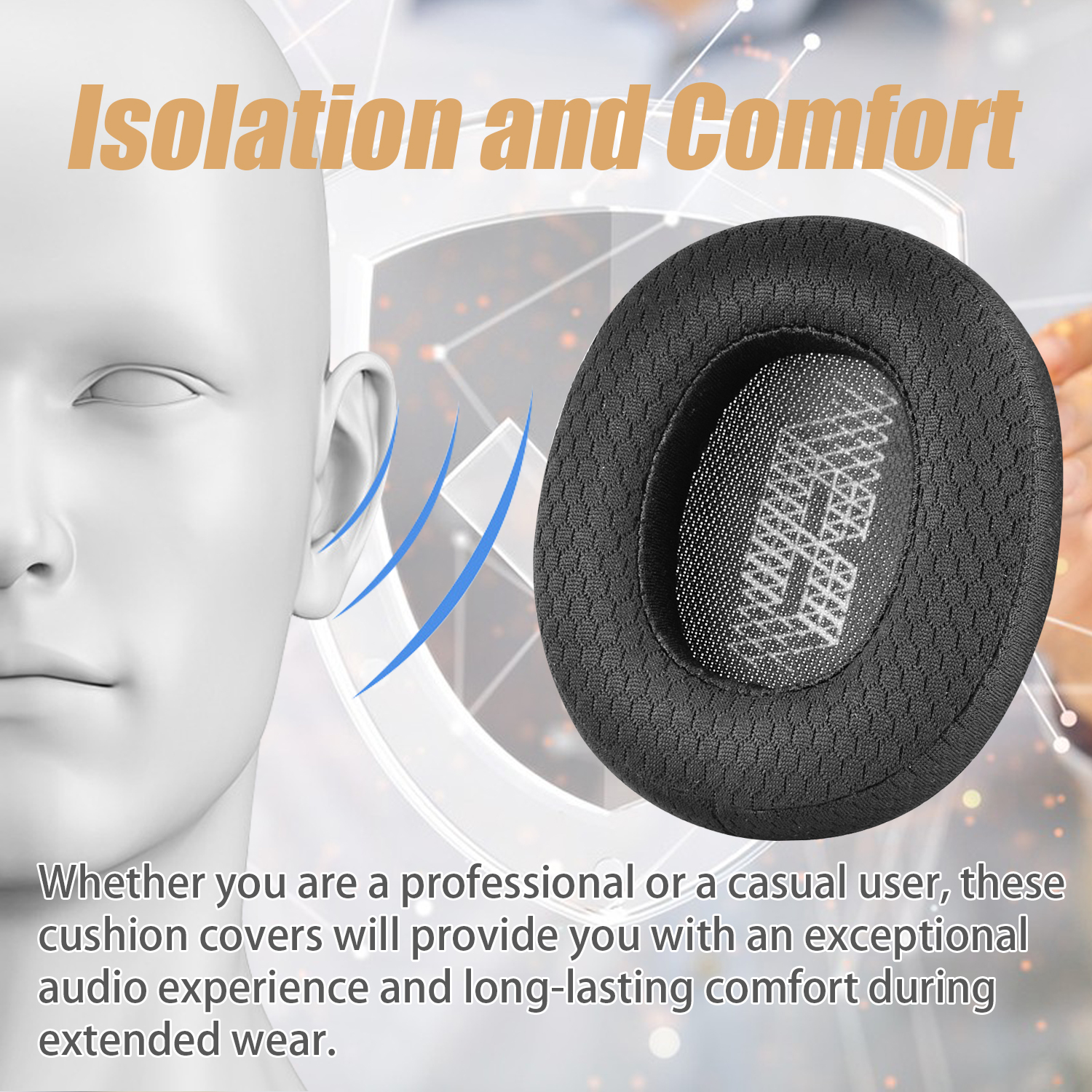 Osłona na poduszkę na uszy z tekstem. Biała twarz w lewym rogu.