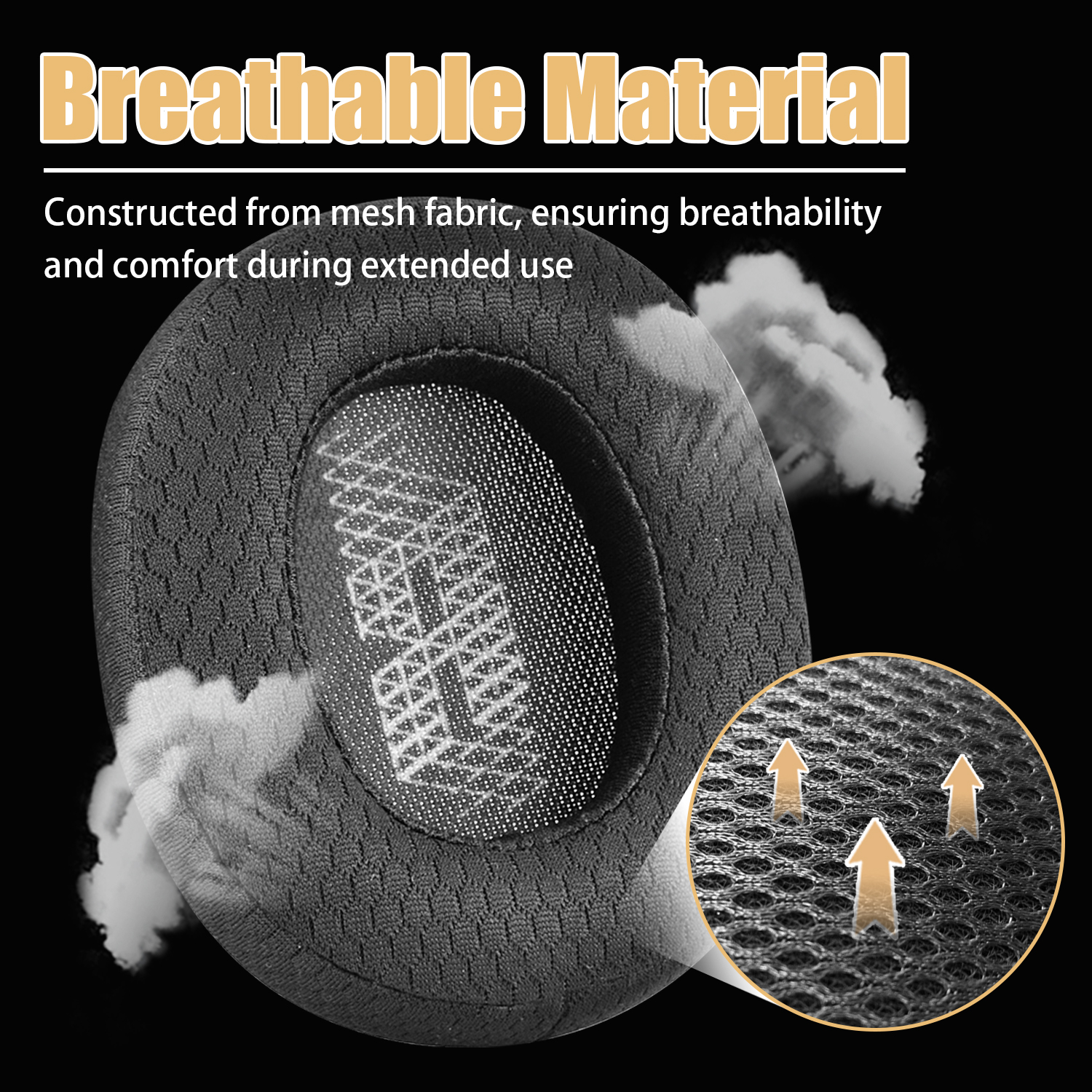 Zbliżenie czarnych nauszników słuchawkowych z siatkową tkaniną i oddychającym materiałem.