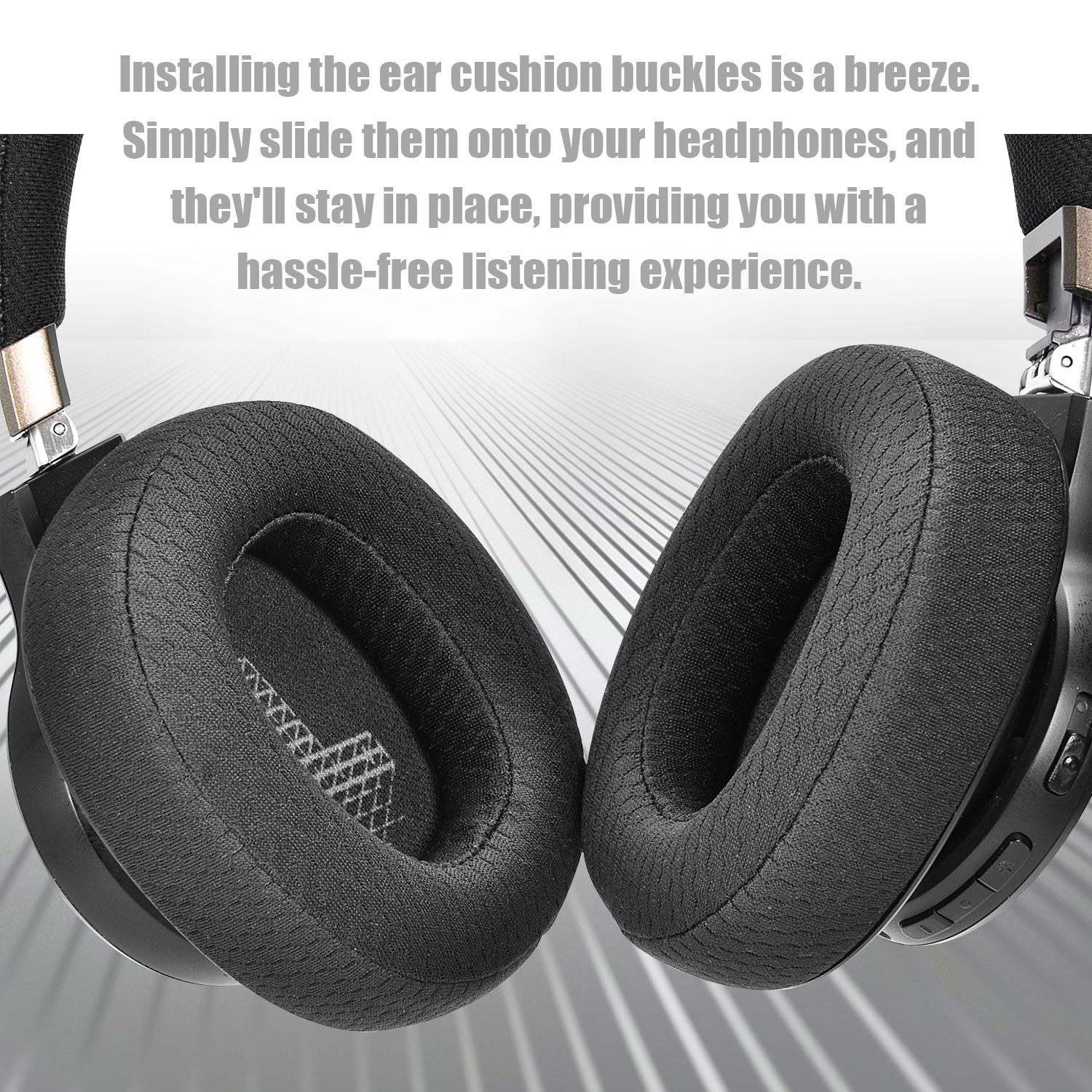 Słuchawki z czarnymi nausznikami. Nauszniki są okrągłe i zakrywają uszy. Tło jest szare.