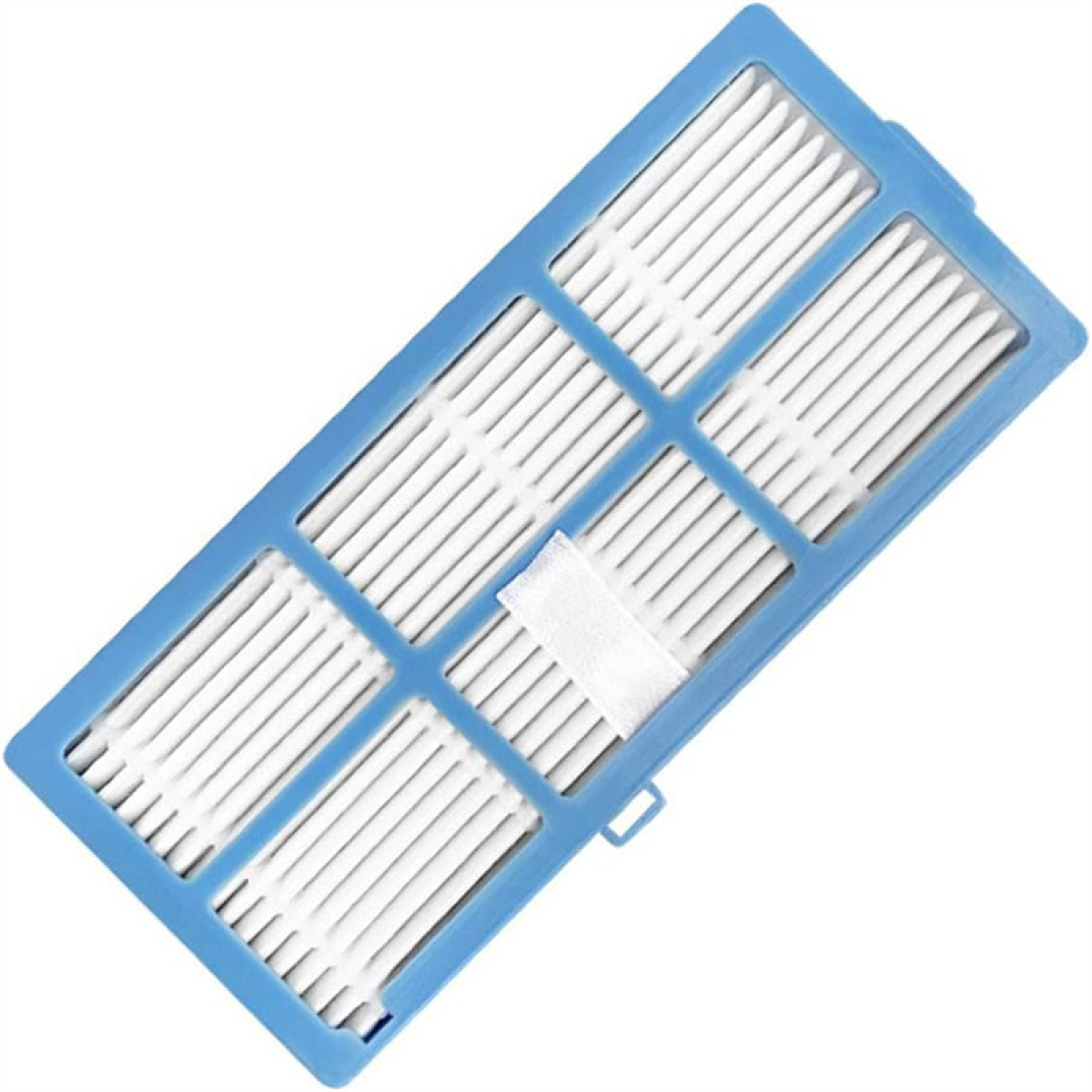 Rechteckiger blauer Filter für einen Staubsauger.