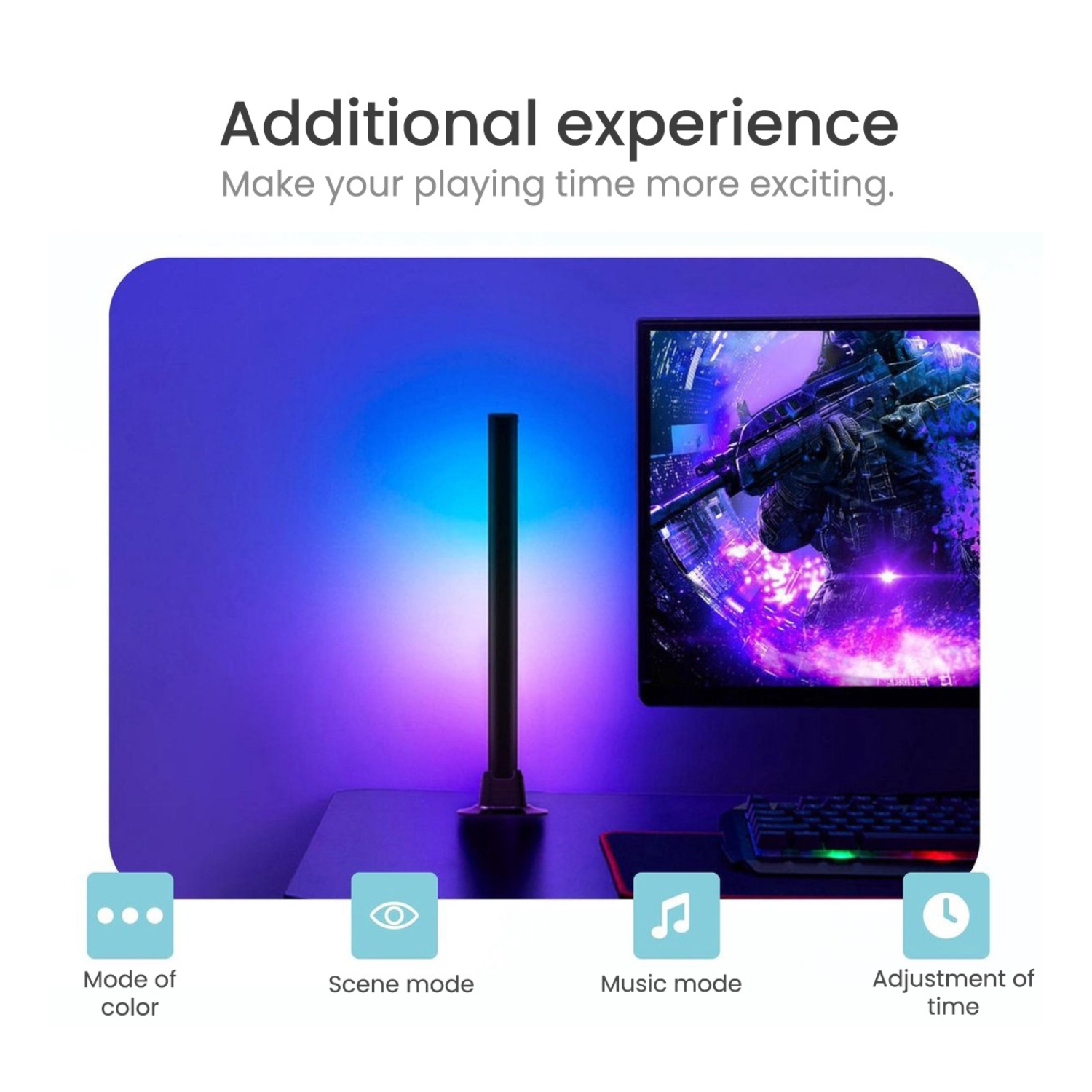 Scene showing a colorful LED light stick and a monitor.  The text below the stick says 'Mode of Color'.