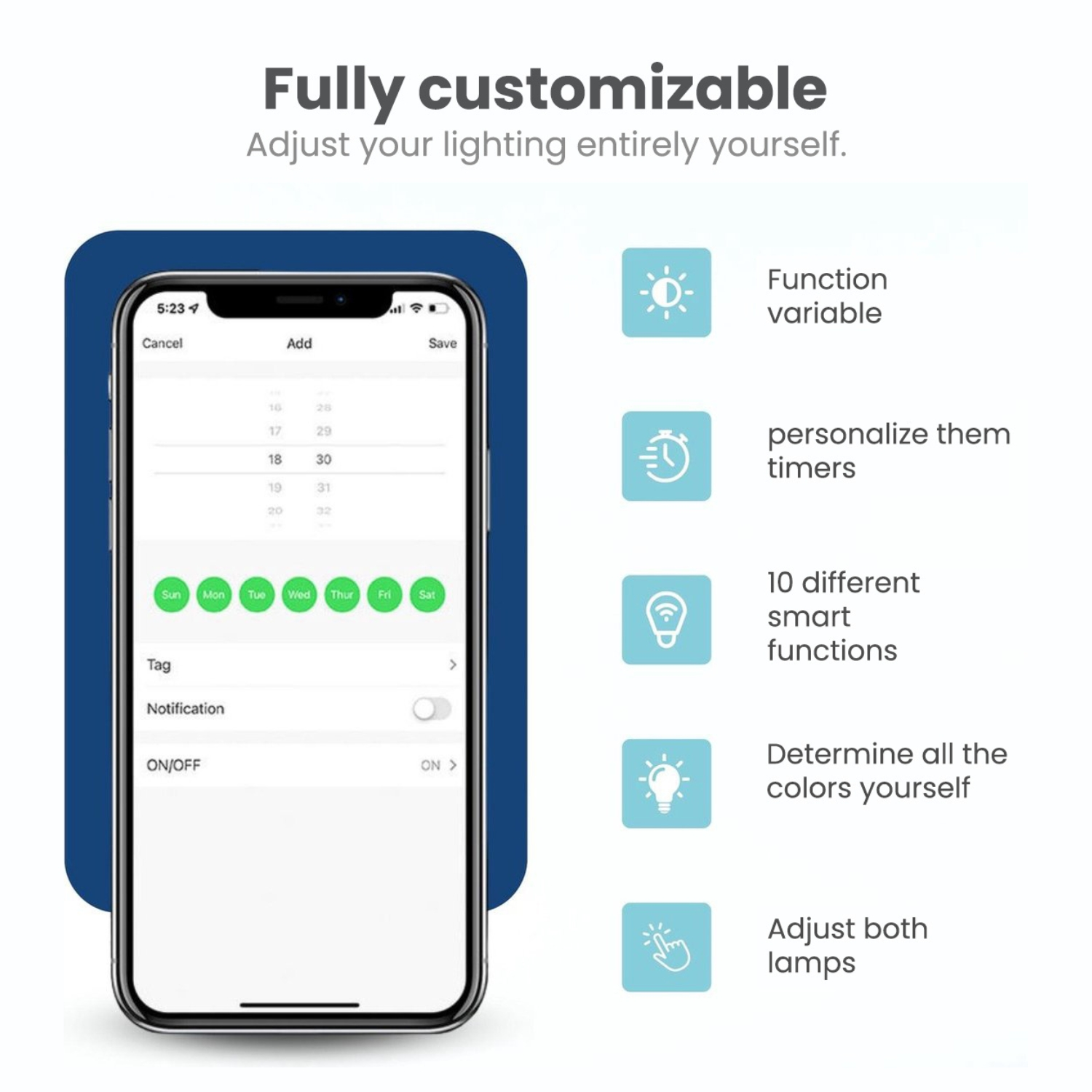 Phone screen with app icons and text boxes. Text: fully customizable.  Icons for timers, etc.