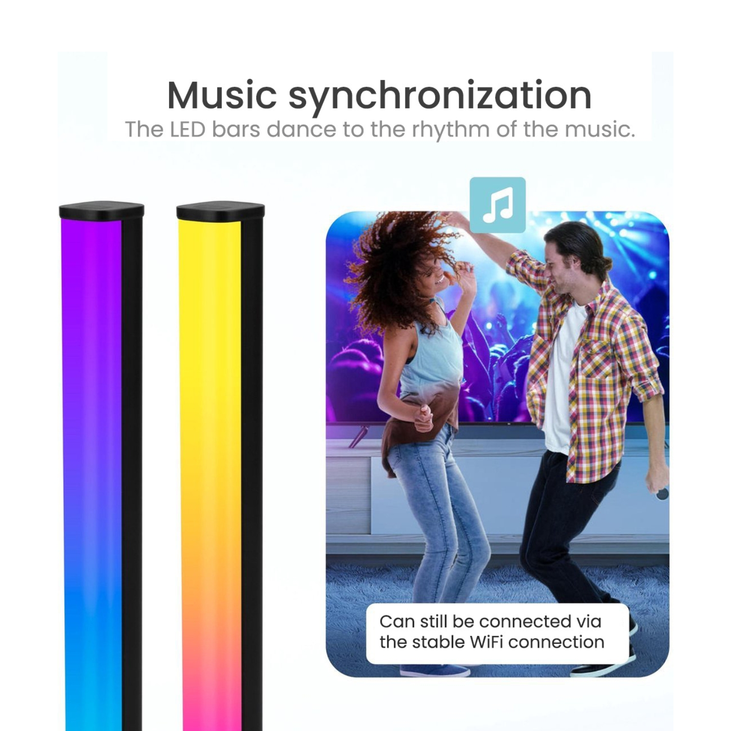 Two colorful light bars, with a dancing couple on a screen in the middle. The background is blurred.