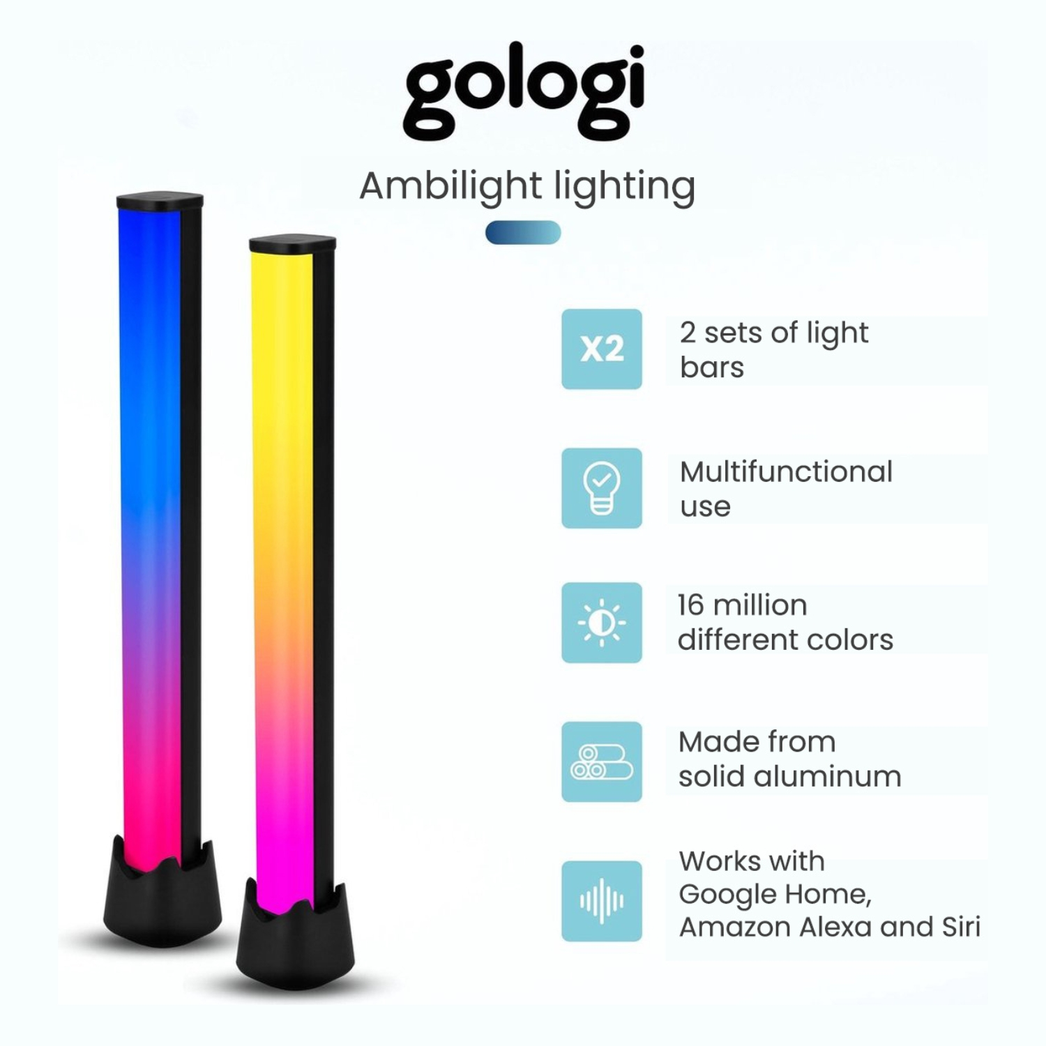 Two vertical light bars with color gradients. Text indicates features.