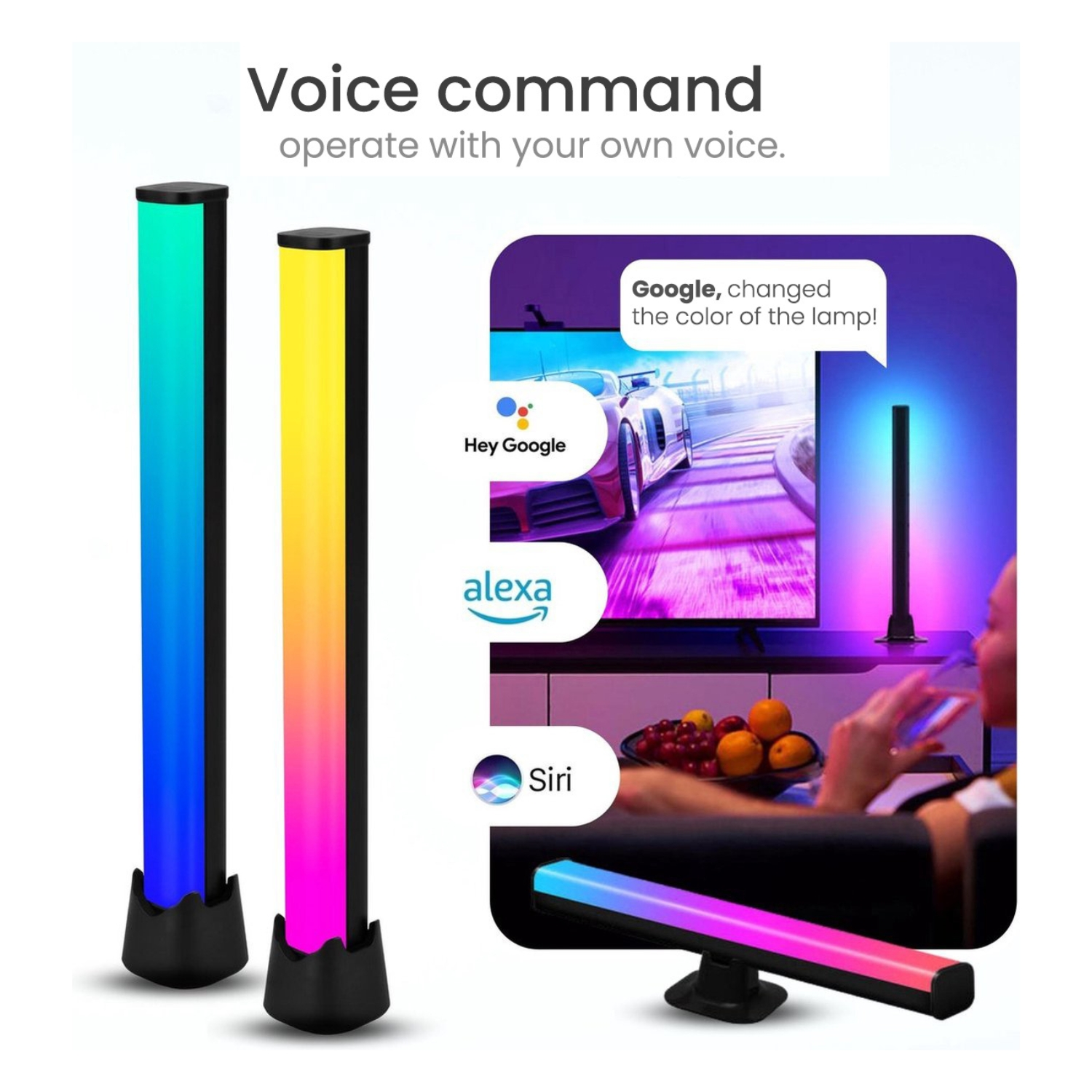 Two colorful LED light bars, with a smart home voice command setup.