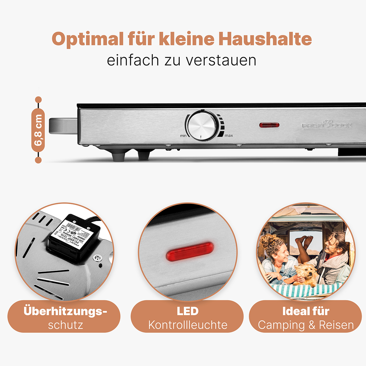 Srebrna płyta grzewcza z pokrętłem i diodą LED. Tekst i obrazy opisują funkcje. Białe tło.