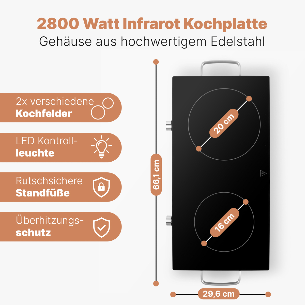 Czarna podwójna płyta indukcyjna z wymiarami, dwoma okręgami i ikonami, białe tło.