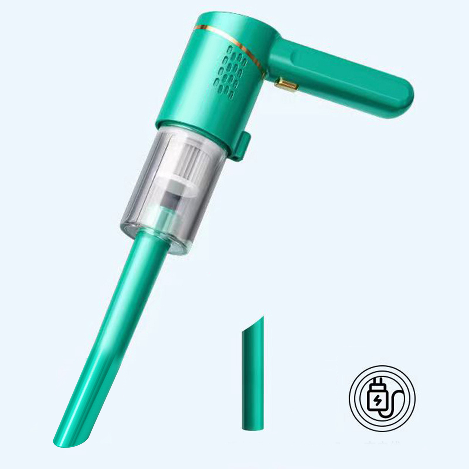 Grüner und weißer Handstaubsauger mit Ladesymbol. Er hat eine lange Düse und einen Filter.