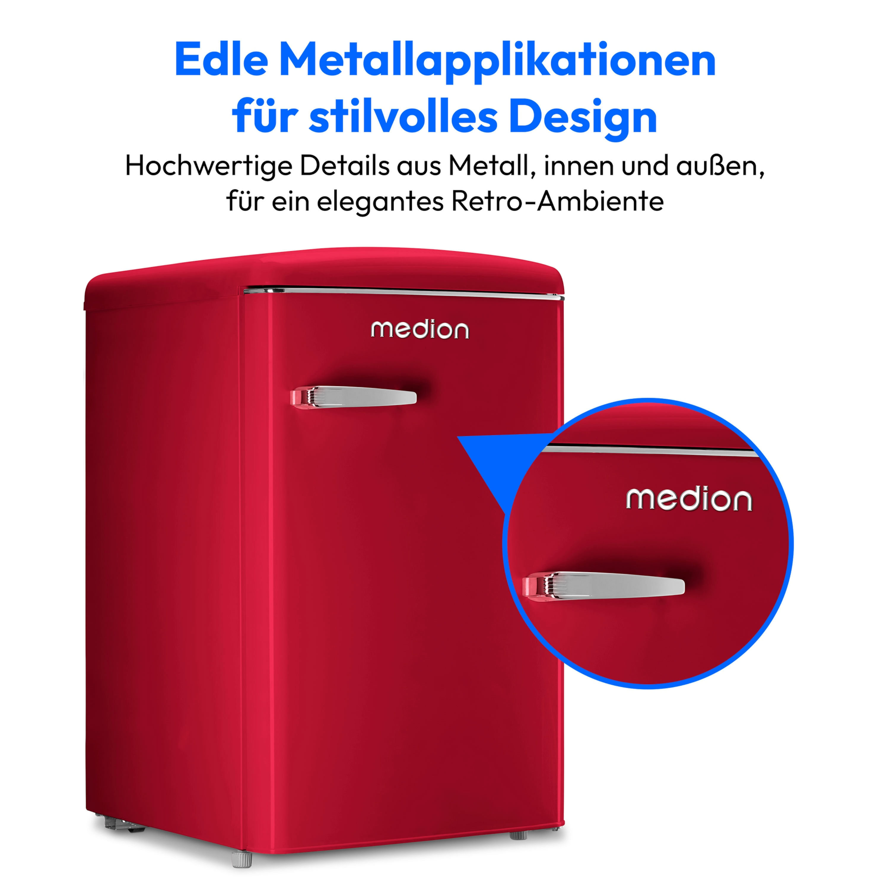 Roter Retro-Minikühlschrank. Silberner Griff und Medion-Logo. Weißer Hintergrund.