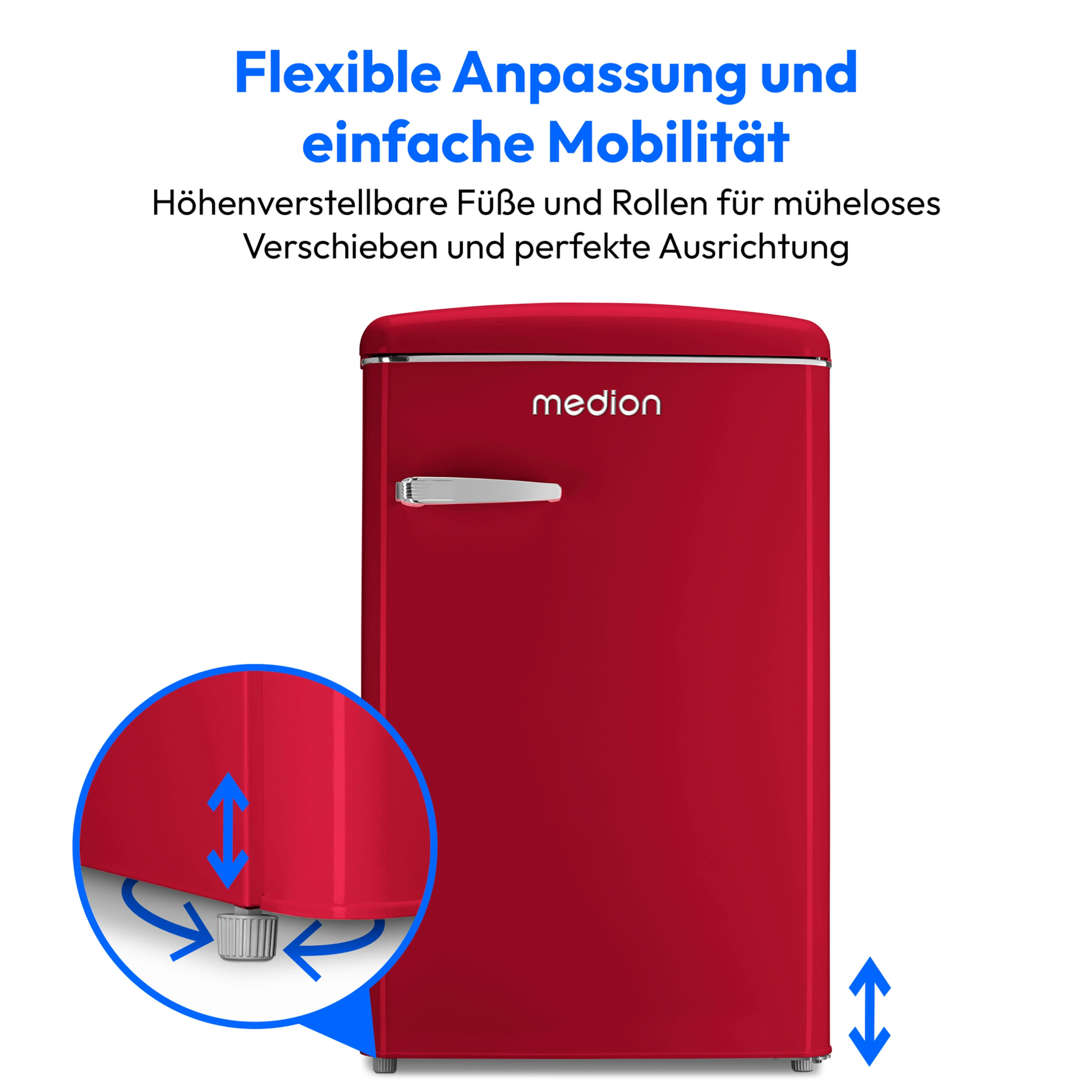 Ein roter Medion-Kühlschrank im Retro-Stil mit deutschem Text und Nahaufnahme der Füße.