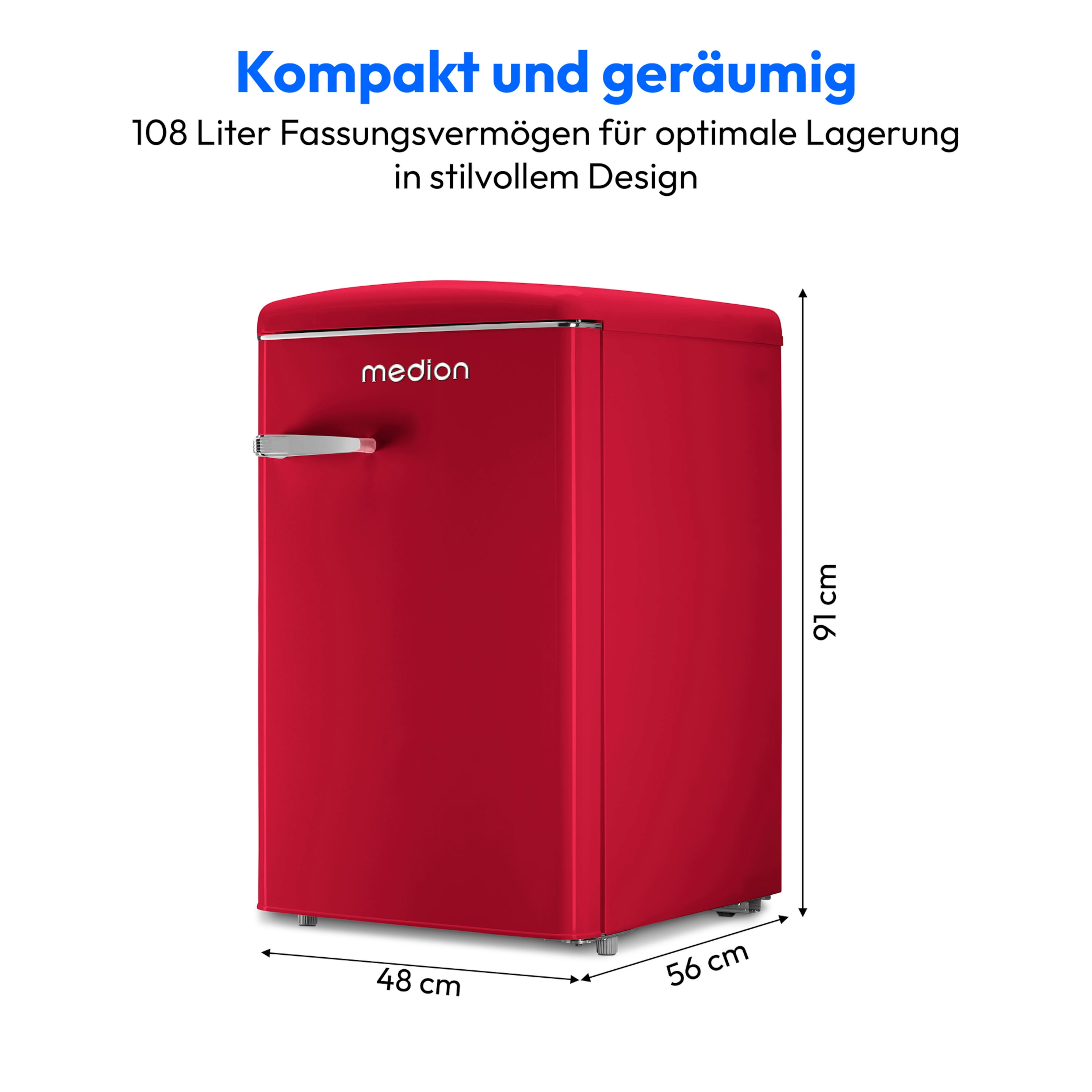 Ein roter Kühlschrank mit Abmessungen auf weißem Hintergrund.