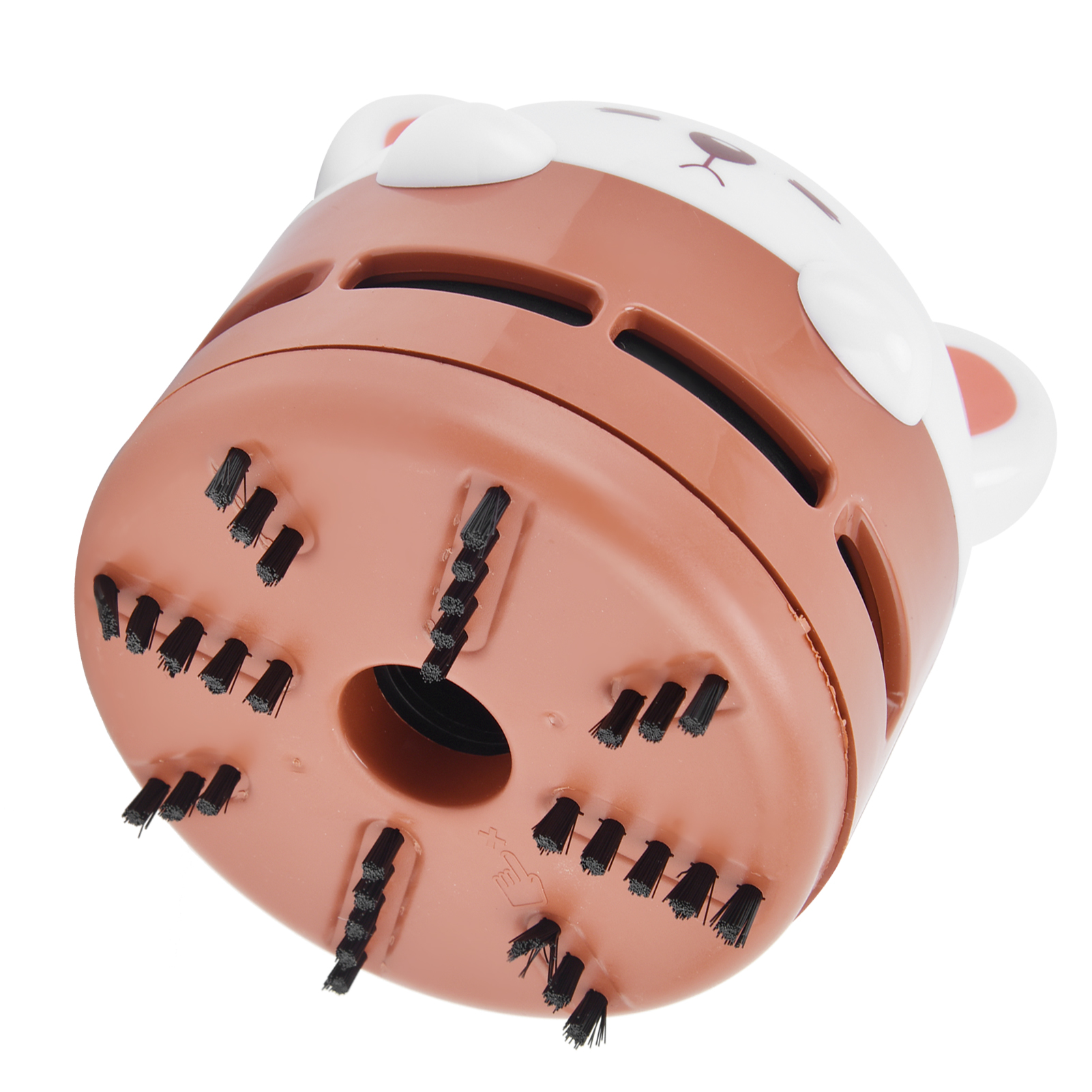 Ein bärenförmiger, braun-weißer Mini-Staubsauger mit schwarzen Borsten.