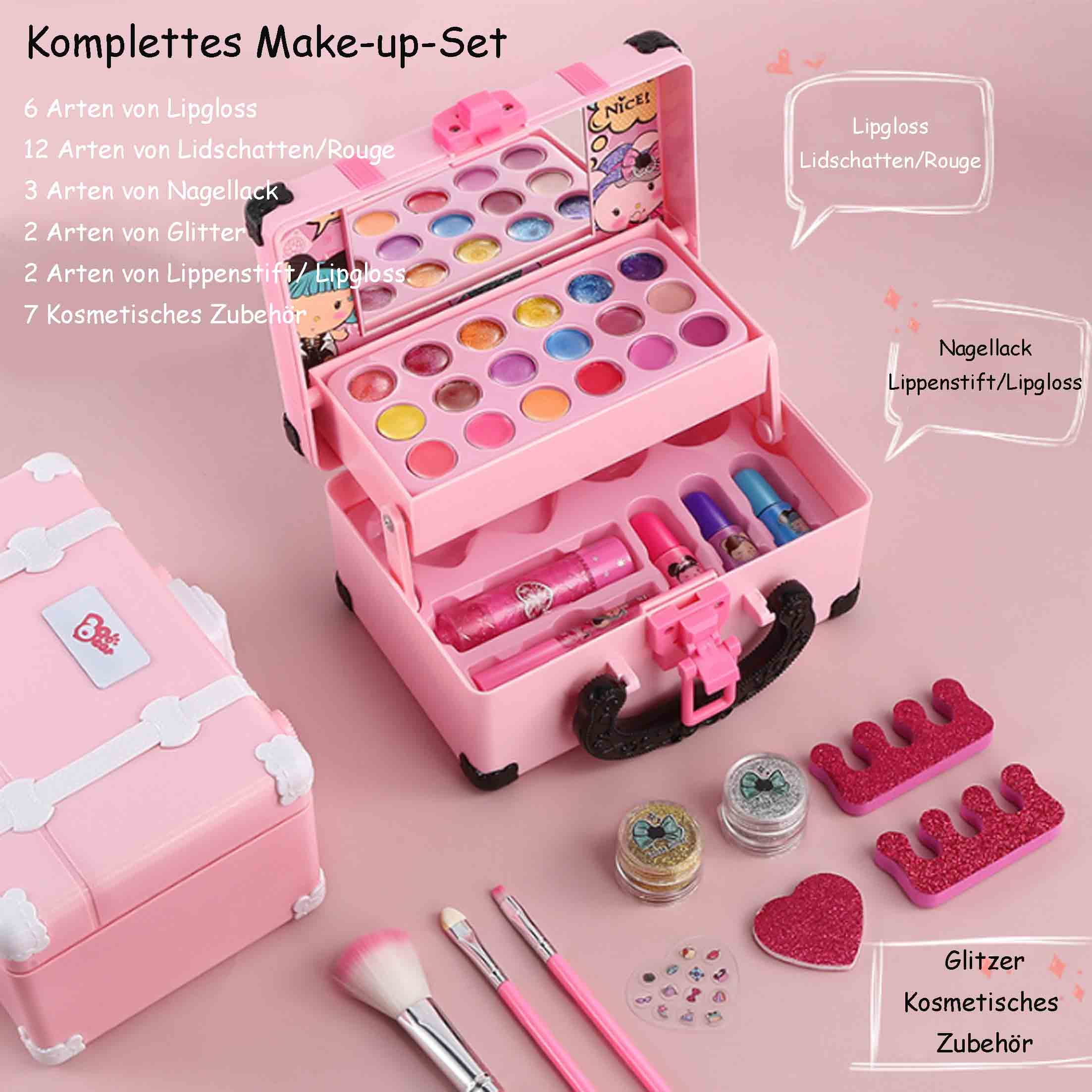 Pinkes Make-up-Set mit verschiedenen Kosmetikartikeln, einschließlich Lippenstift und Nagellack.