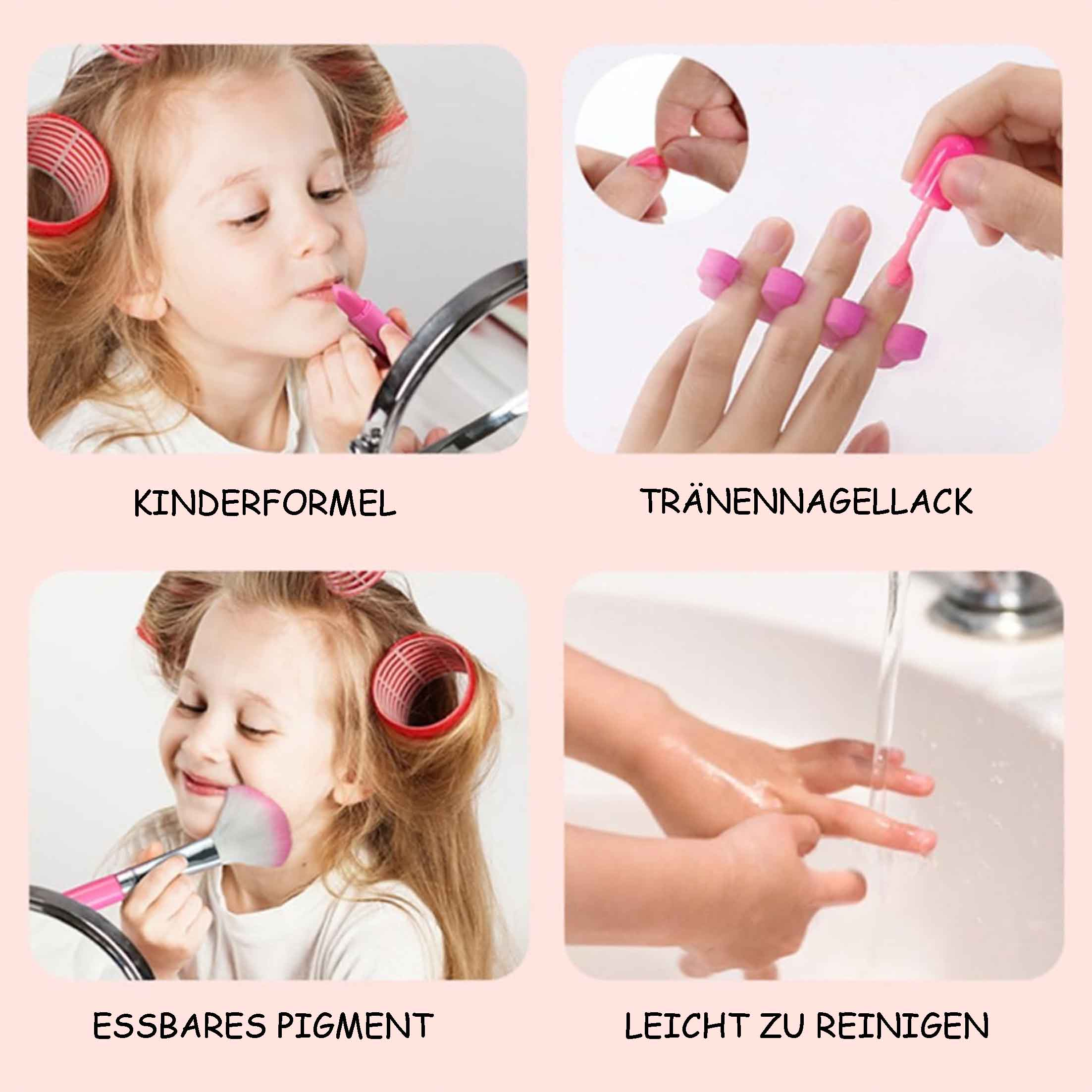Eine Collage, die ein Kind bei der Verwendung von Make-up- und Schönheitsprodukten zeigt, jeweils beschriftet.