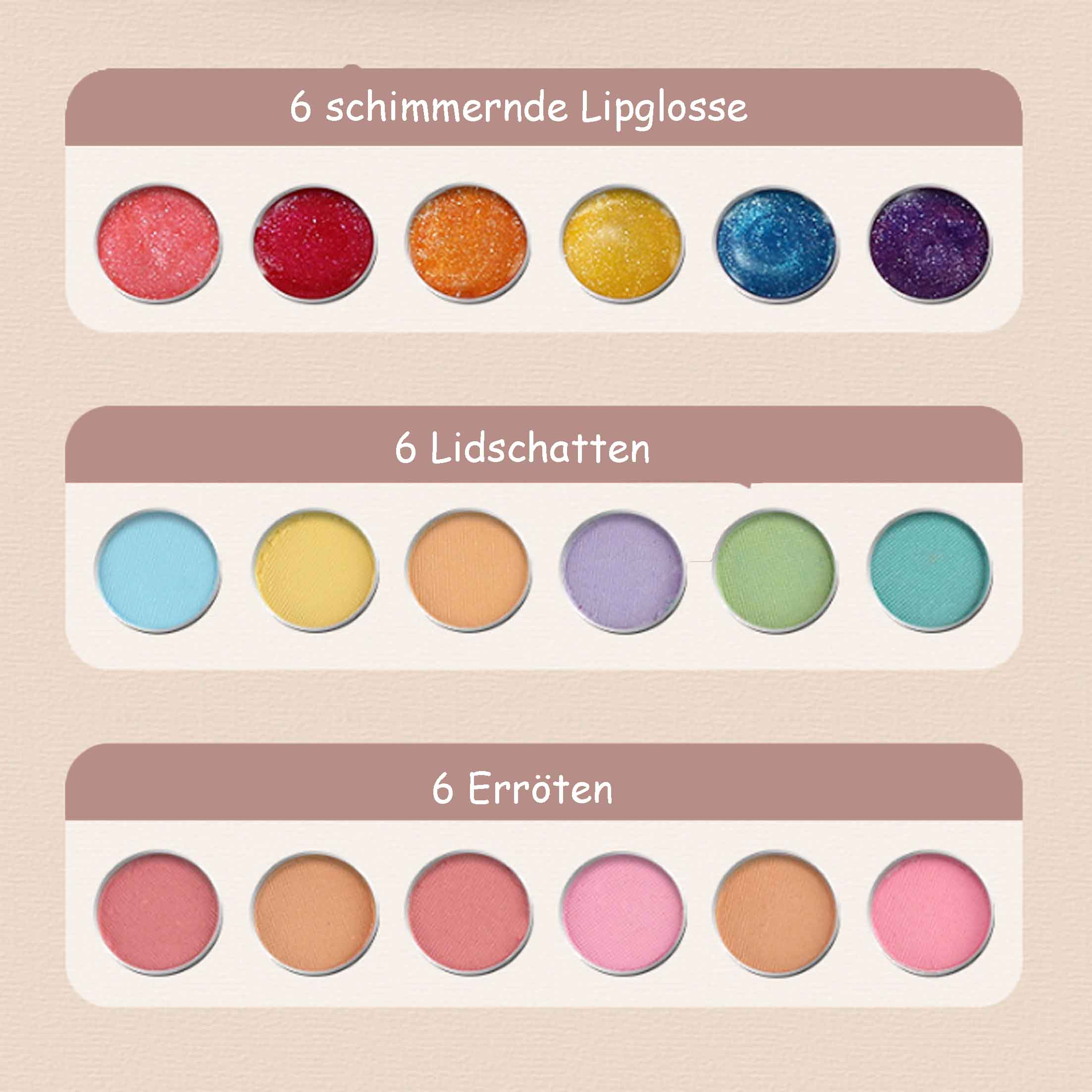 Make-up-Palette mit Lipgloss, Lidschatten und Rouge in verschiedenen Farben.