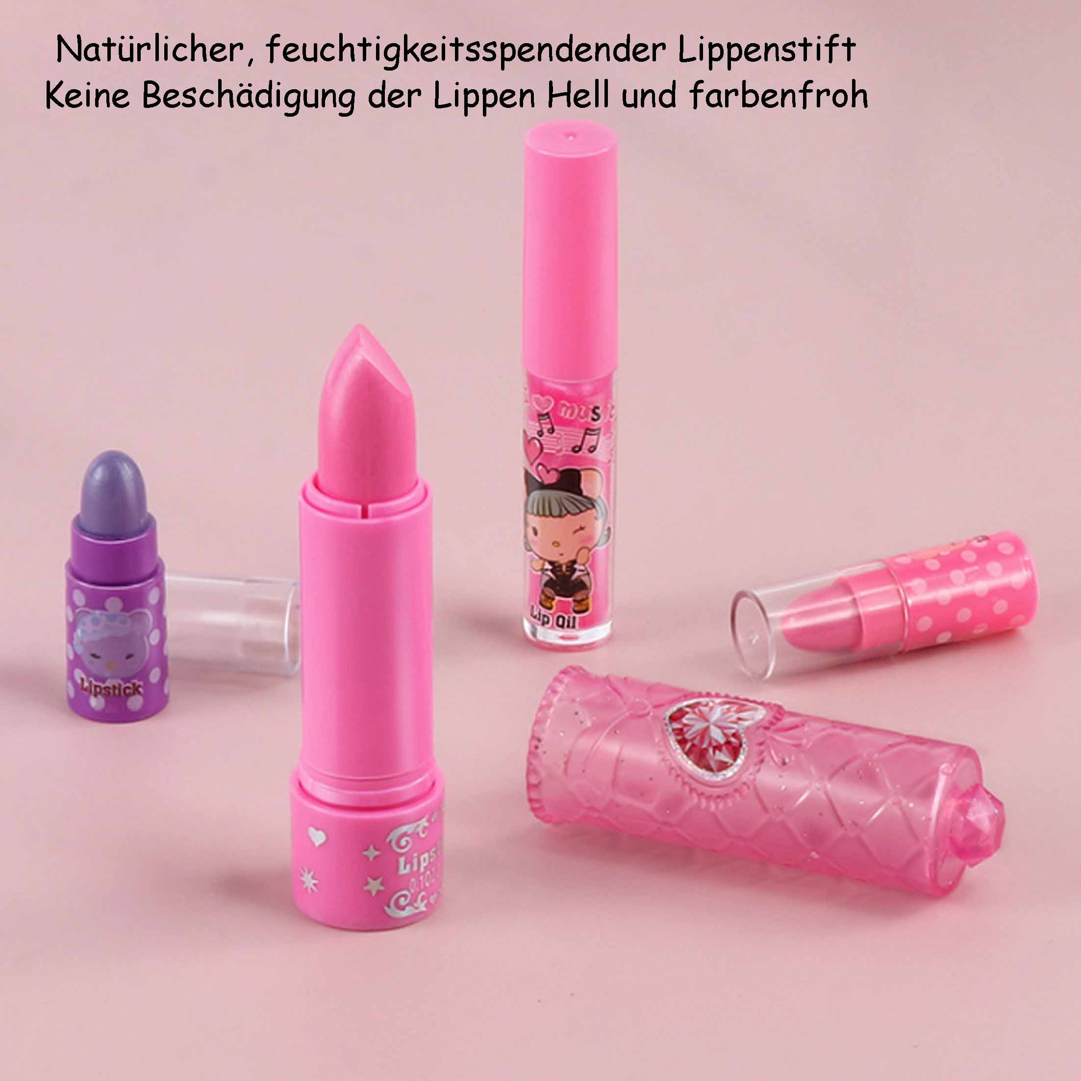 Lippenstifte und Lipgloss in rosa Farbtönen, auf einem rosa Hintergrund.