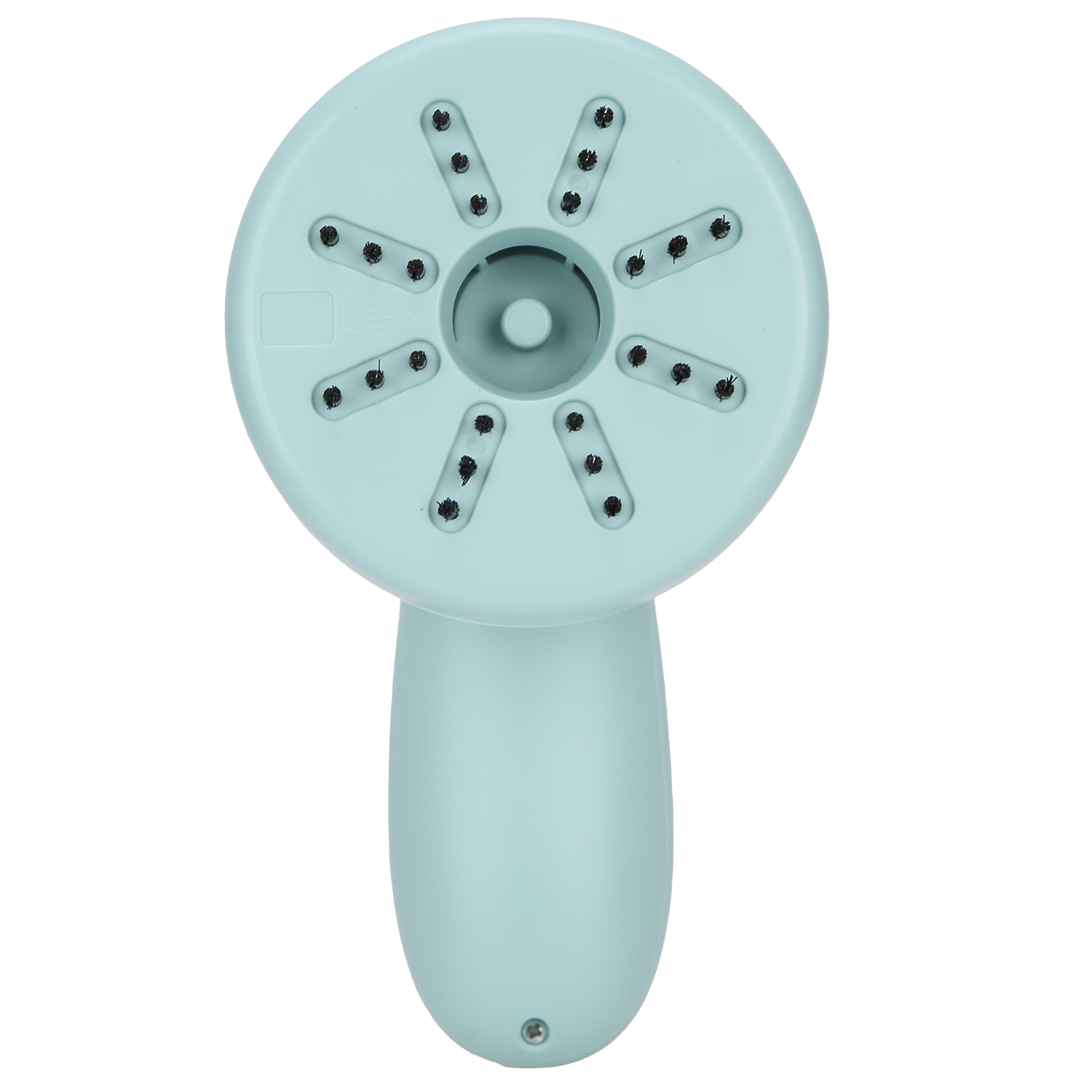 Hellblauer elektrischer Ventilator mit kleinen Löchern. Weißer Hintergrund.