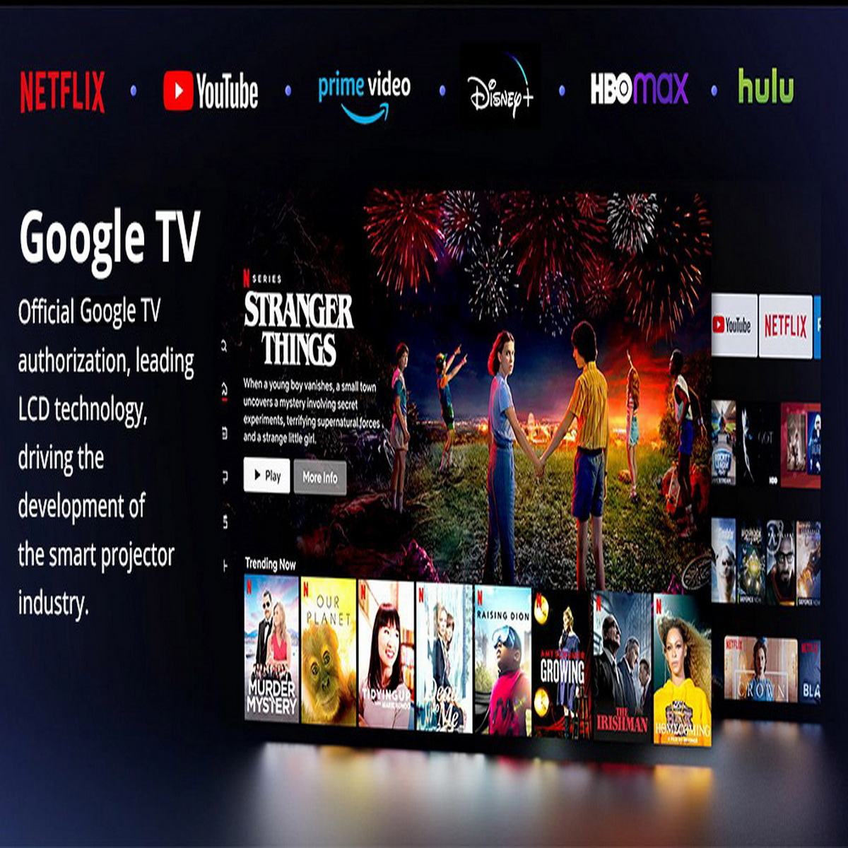 Google TV-Oberfläche mit Streaming-Apps auf großem Bildschirm. Mit Netflix, YouTube und mehr. Dunkler Hintergrund.