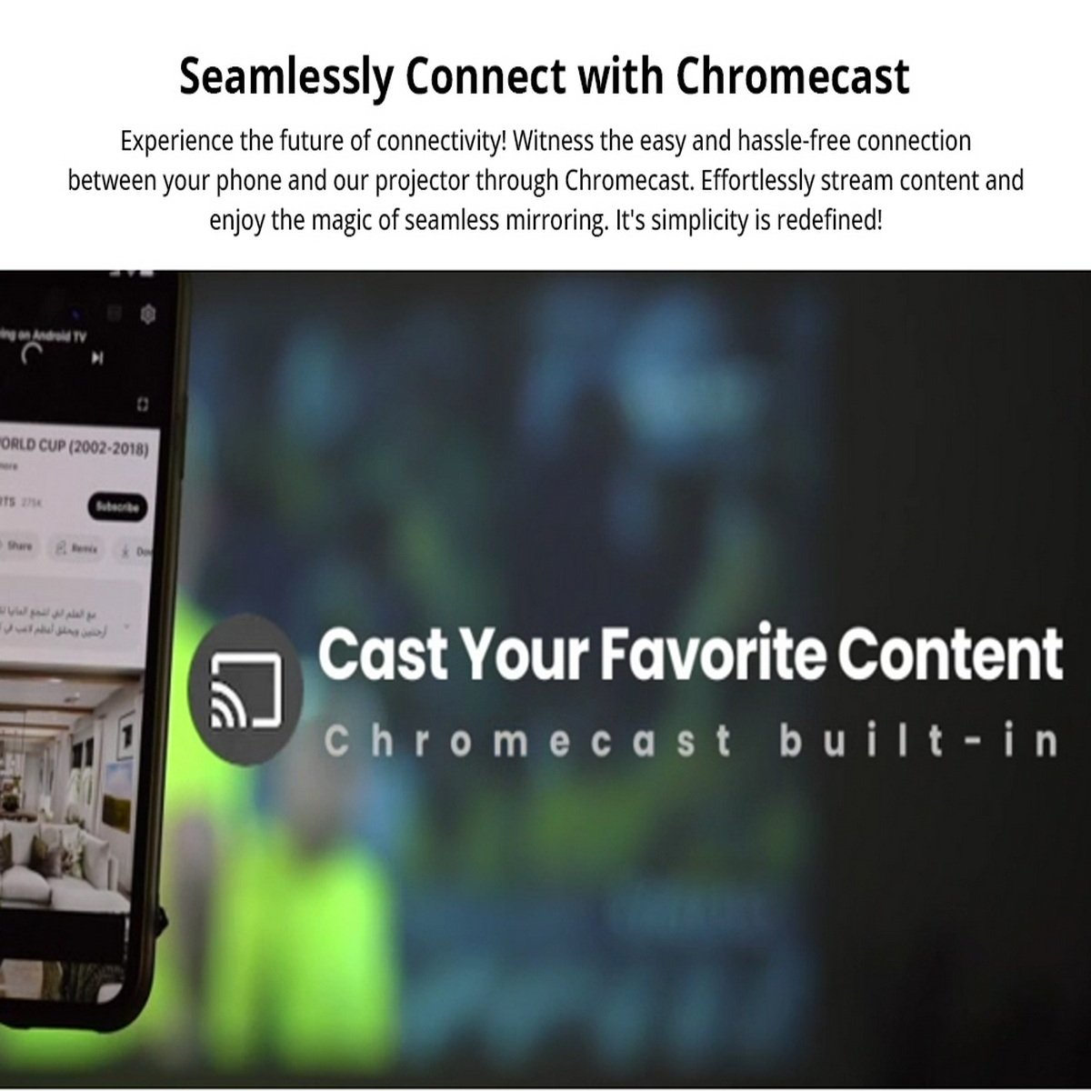 Ein Telefon, das eine Webseite mit einem Chromecast-Logo und Text über nahtlose Spiegelung anzeigt.