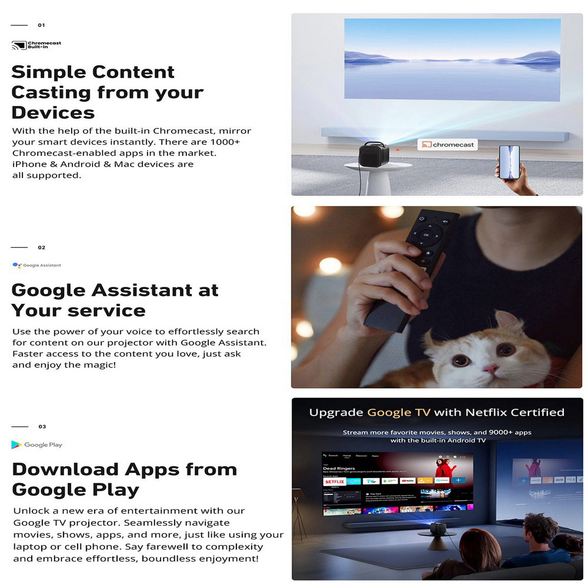 Werbung für Chromecast. Zeigt das Casting von Geräten, die Verwendung des Google Assistant und App-Downloads.