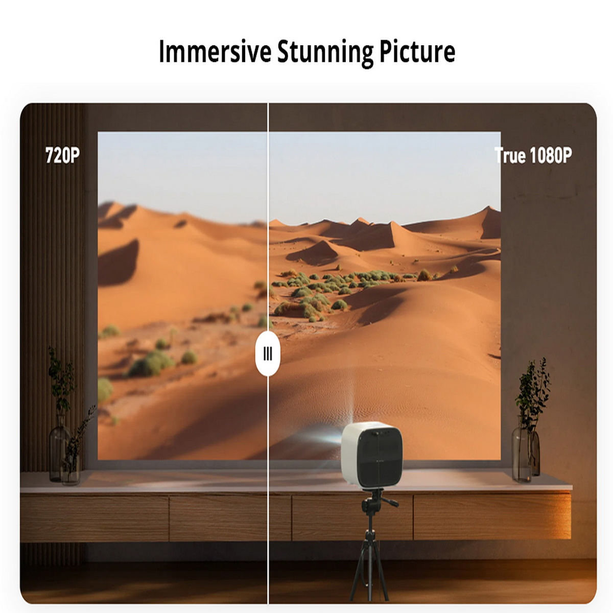 Vergleich von 720P- und 1080P-Projektionsbildern einer Wüstenlandschaft mit einem Projektor.