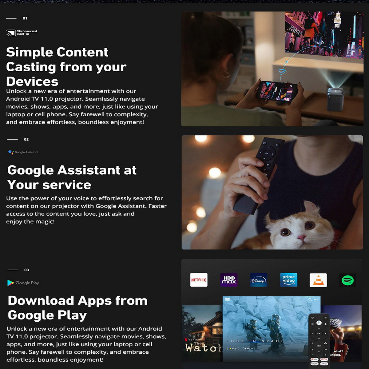 Eine Frau hält eine Fernbedienung, Katze auf dem Schoß, neben Text über Chromecast-Projektor und Apps.