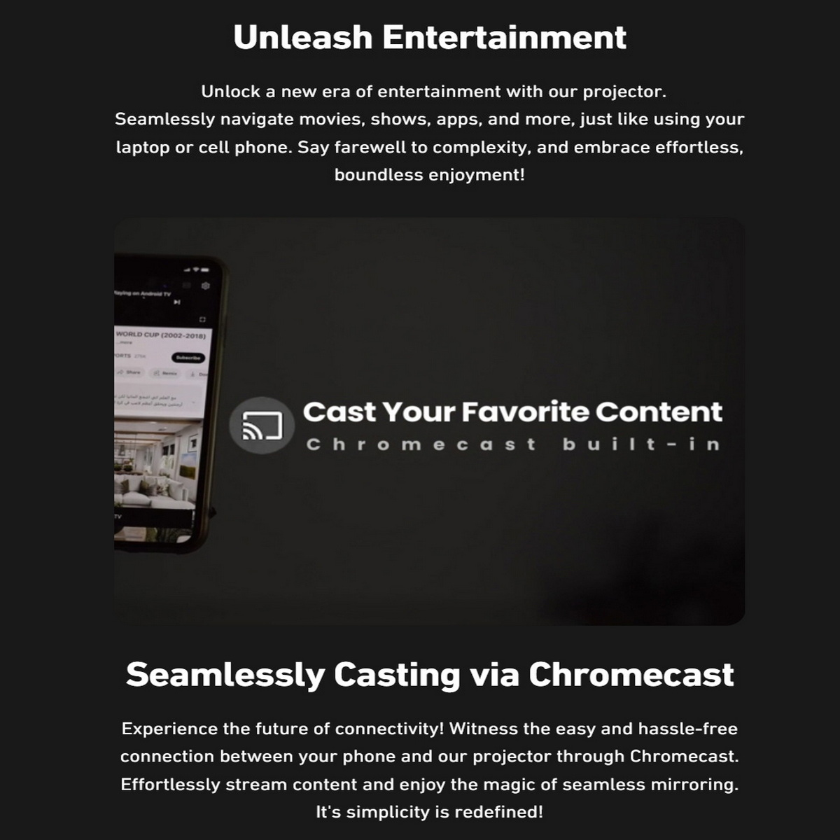 Eine Werbung für Chromecast, mit einem Telefon, das Inhalte über einen Projektor auf einen Bildschirm überträgt.