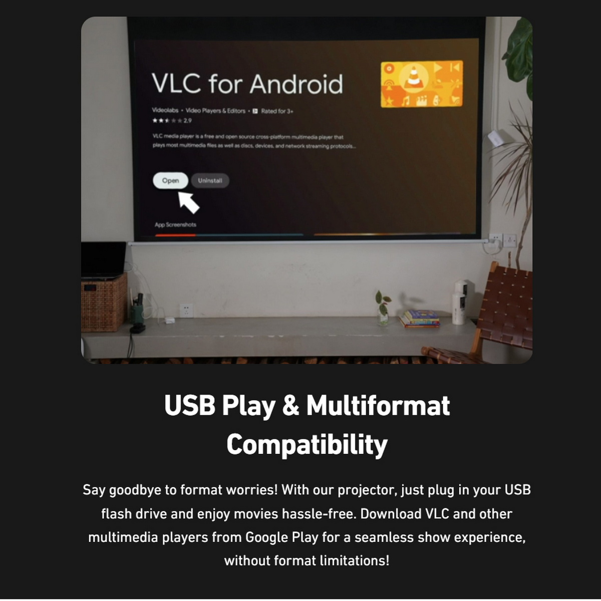 VLC für Android auf einem Fernsehbildschirm. Text: USB-Wiedergabe & Multiformat-Kompatibilität.