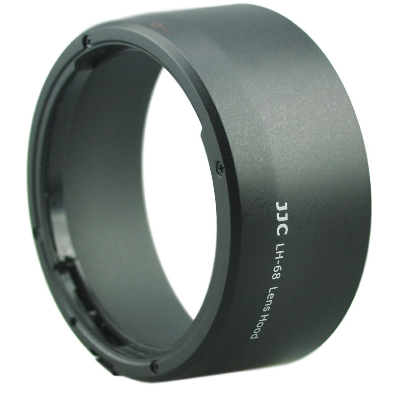 Eine schwarze Sonnenblende mit dem Text JJC LH-68 Lens Hood darauf gedruckt.
