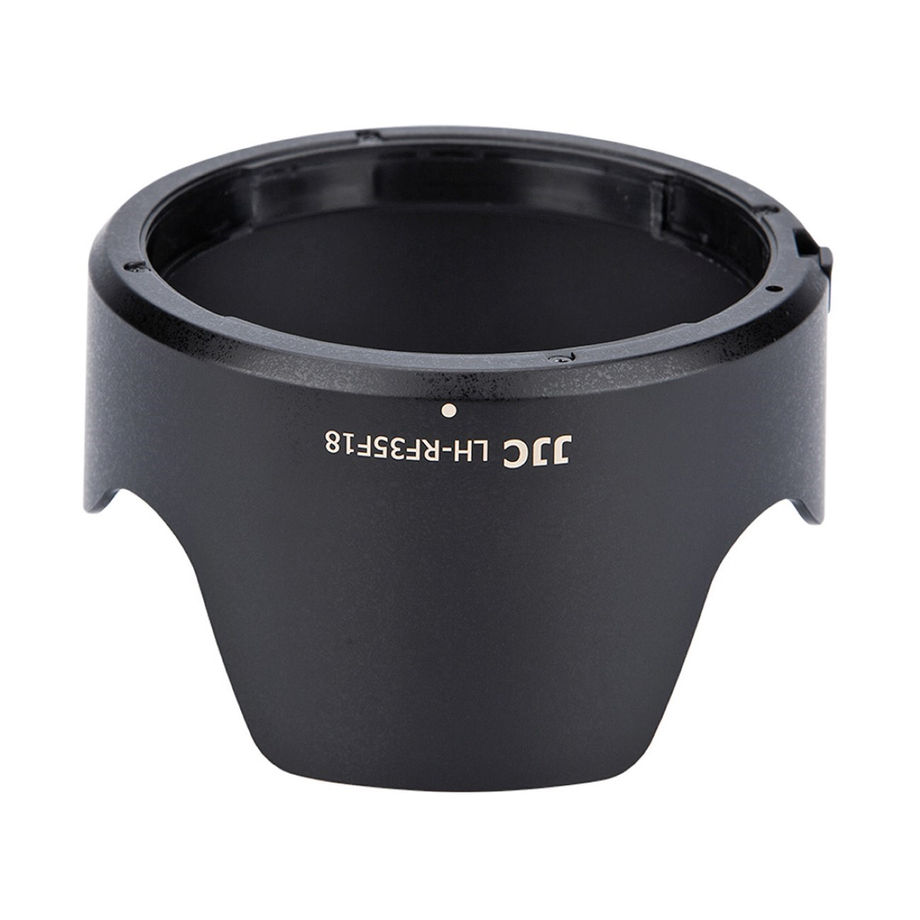 Schwarze Gegenlichtblende. Zylindrische Form mit ausgestelltem Boden. Weißer Text: JJC LH-RF35F18.