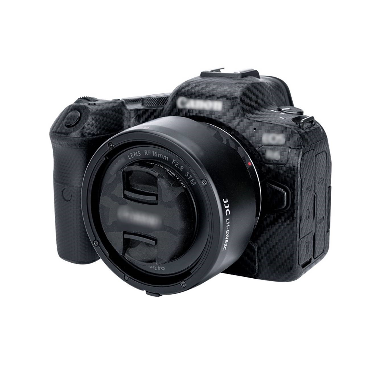 Schwarze DSLR-Kamera mit Objektiv, Karbonfaser-Textur, weißer Hintergrund.