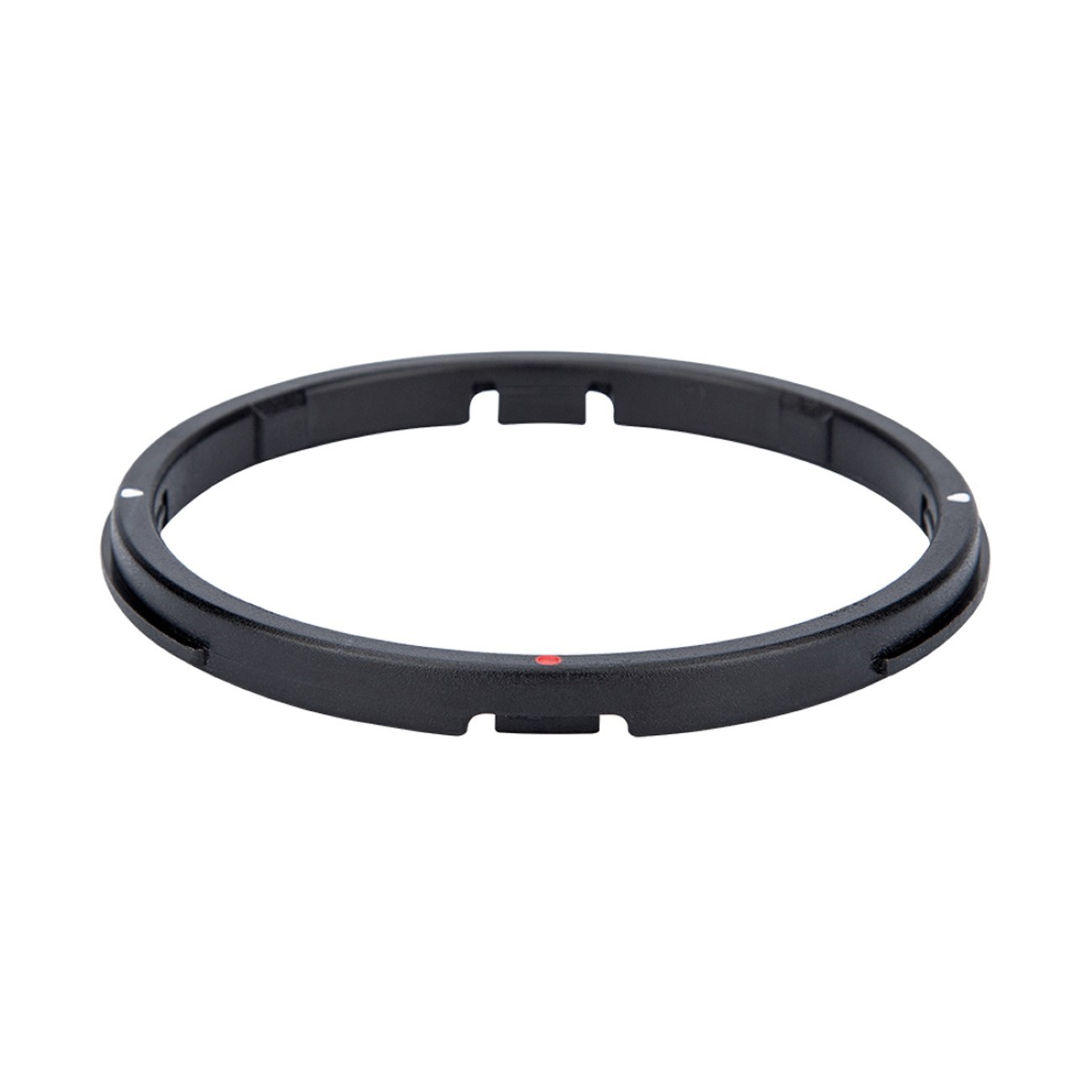 Ein schwarzer Ring mit weißen und roten Punkten, weißer Hintergrund.