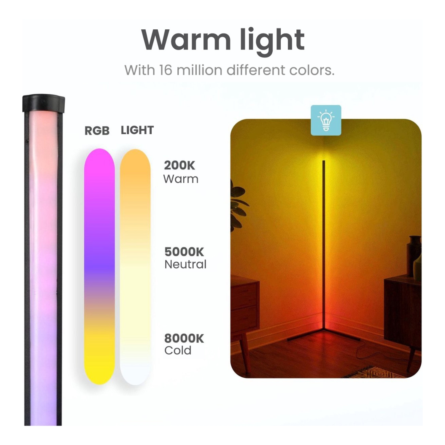 A tall, black, corner-shaped floor lamp emits different colored lights, with color gradient samples.